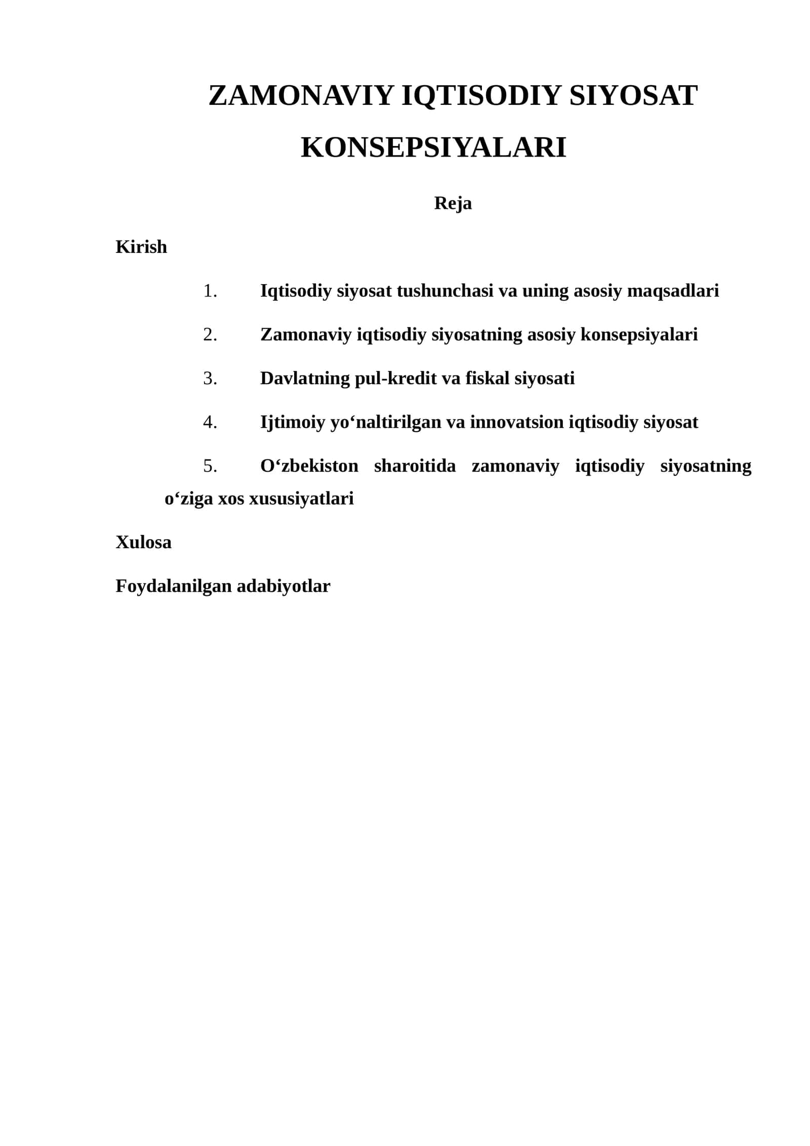 ZAMONAVIY IQTISODIY SIYOSAT KONSEPSIYALARI 1