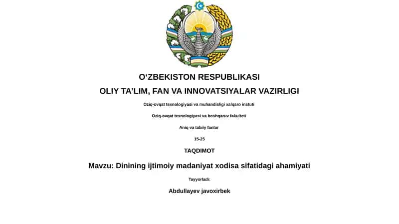 Dinining ijtimoiy madaniyat xodisa sifatidagi ahamiyati 1