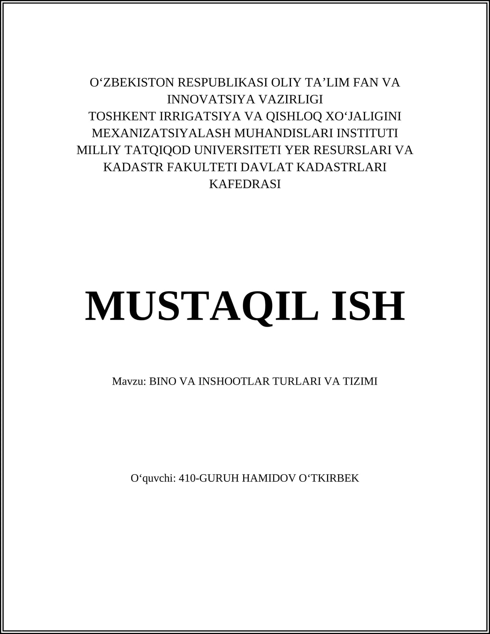 BINO VA INSHOOTLAR TURLARI VA TIZIMI 1