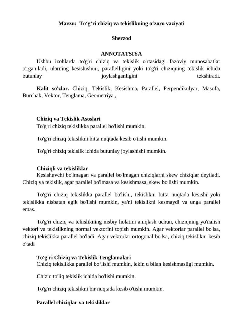 Toʻgʻri chiziq va tekislikning oʻzoro vaziyati 1