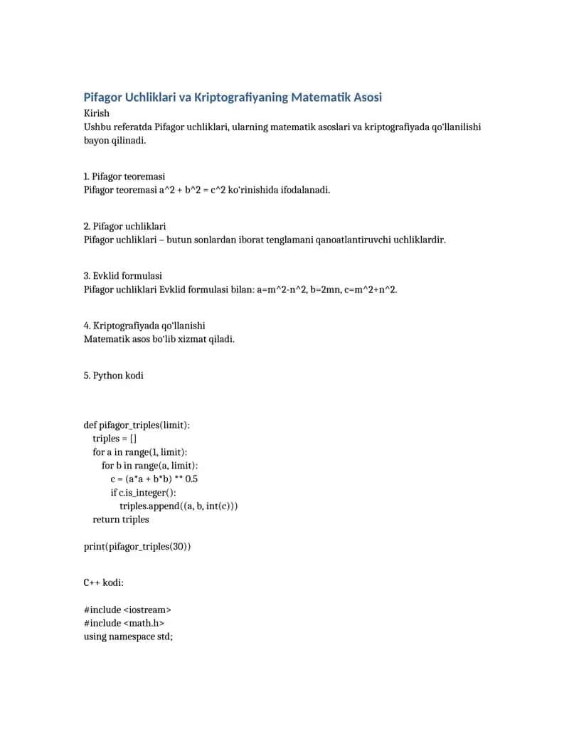 Pifagor Uchliklari va Kriptografiyaning Matematik Asosi 1