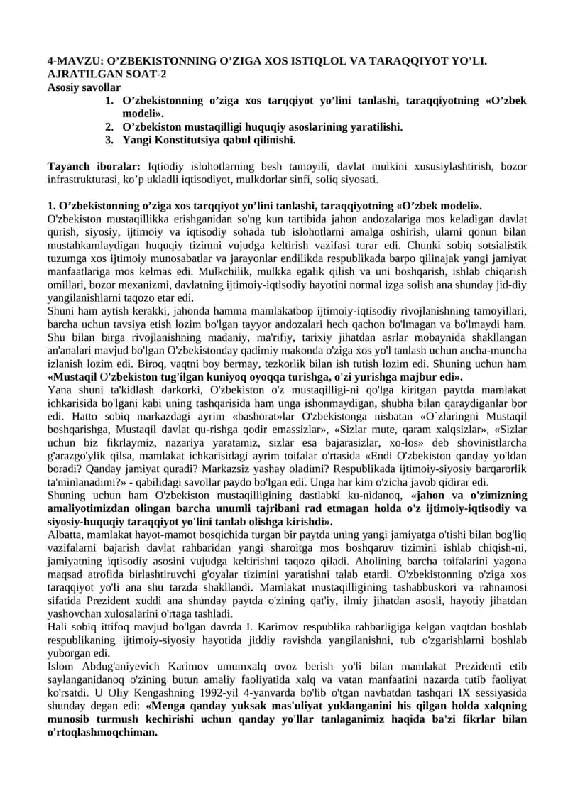O’ZBEKISTONNING O’ZIGA XOS ISTIQLOL VA TARAQQIYOT YO’LI 1