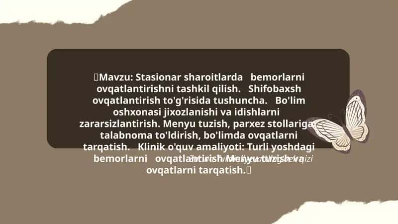 Stasionar sharoitlarda bemorlarni ovqatlantirishni tashkil qilish. Shifobaxsh ovqatlantirish to'g'risida tushuncha. Bo'lim oshxonasi jixozlanishi va idishlarni zararsizlantirish. Menyu tuzish, parxez stollariga talabnoma to'ldirish, bo'limda ovqatlarni tarqatish. Klinik o'quv amaliyoti: Turli yoshdagi bemorlarni ovqatlantirish Menyu tuzish va ovqatlarni tarqatish. 1