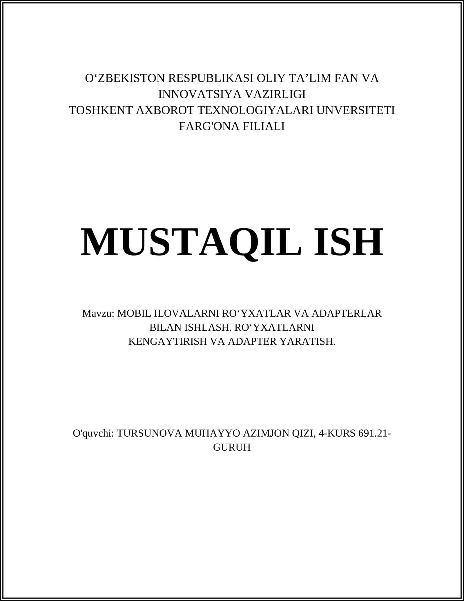 MOBIL ILOVALARNI RO‘YXATLAR VA ADAPTERLAR BILAN ISHLASH 1