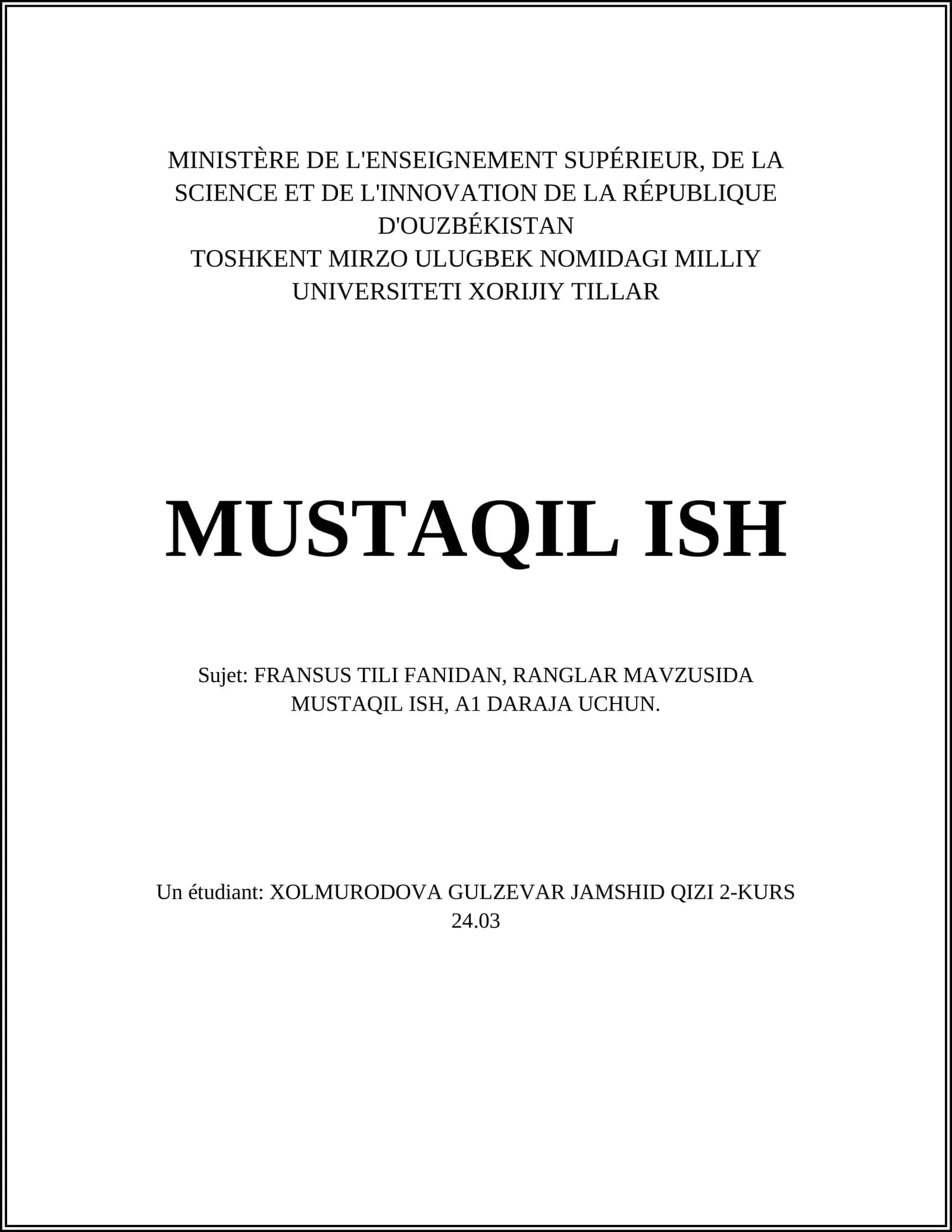 FRANSUS TILI FANIDAN, RANGLAR MAVZUSIDA MUSTAQIL ISH, A1 DARAJA UCHUN 1