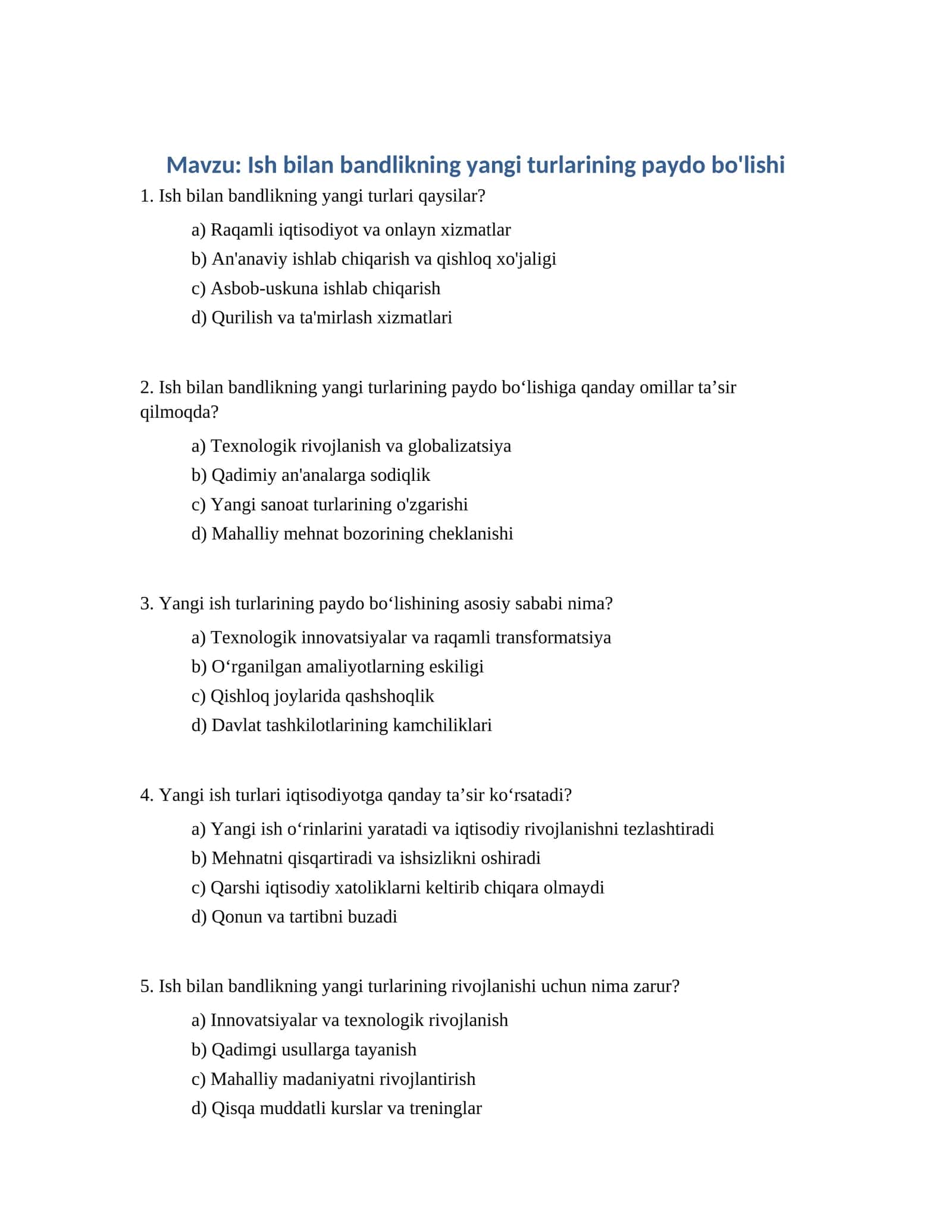Ish bilan bandlikning yangi turlarining paydo bo'lishi 1