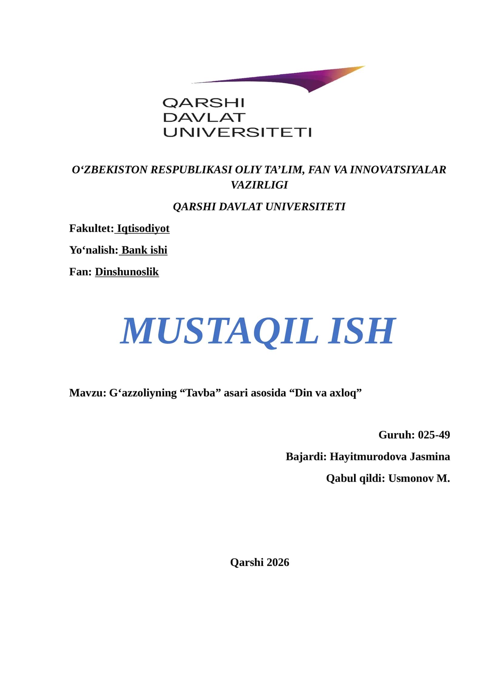 G‘azzoliyning “Tavba” asari asosida “Din va axloq” 1