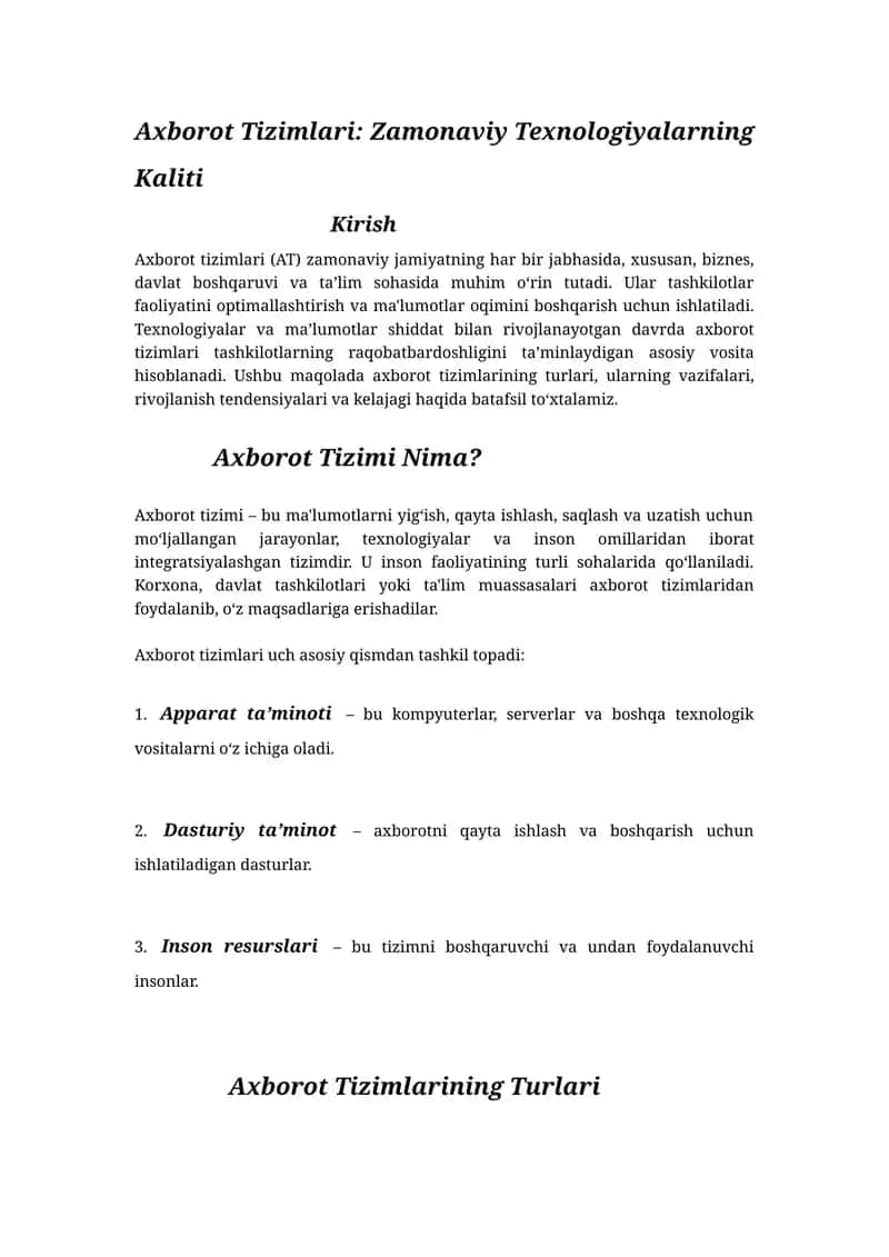 Axborot Tizimlari: Zamonaviy Texnologiyalarning Kaliti 1