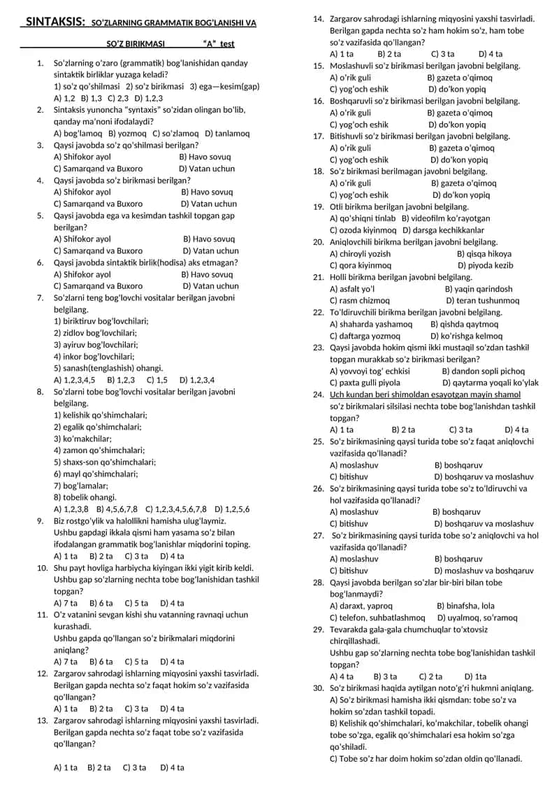 SINTAKSIS: SO’ZLARNING GRAMMATIK BOG’LANISHI VA SO’Z BIRIKMASI “A” test 1