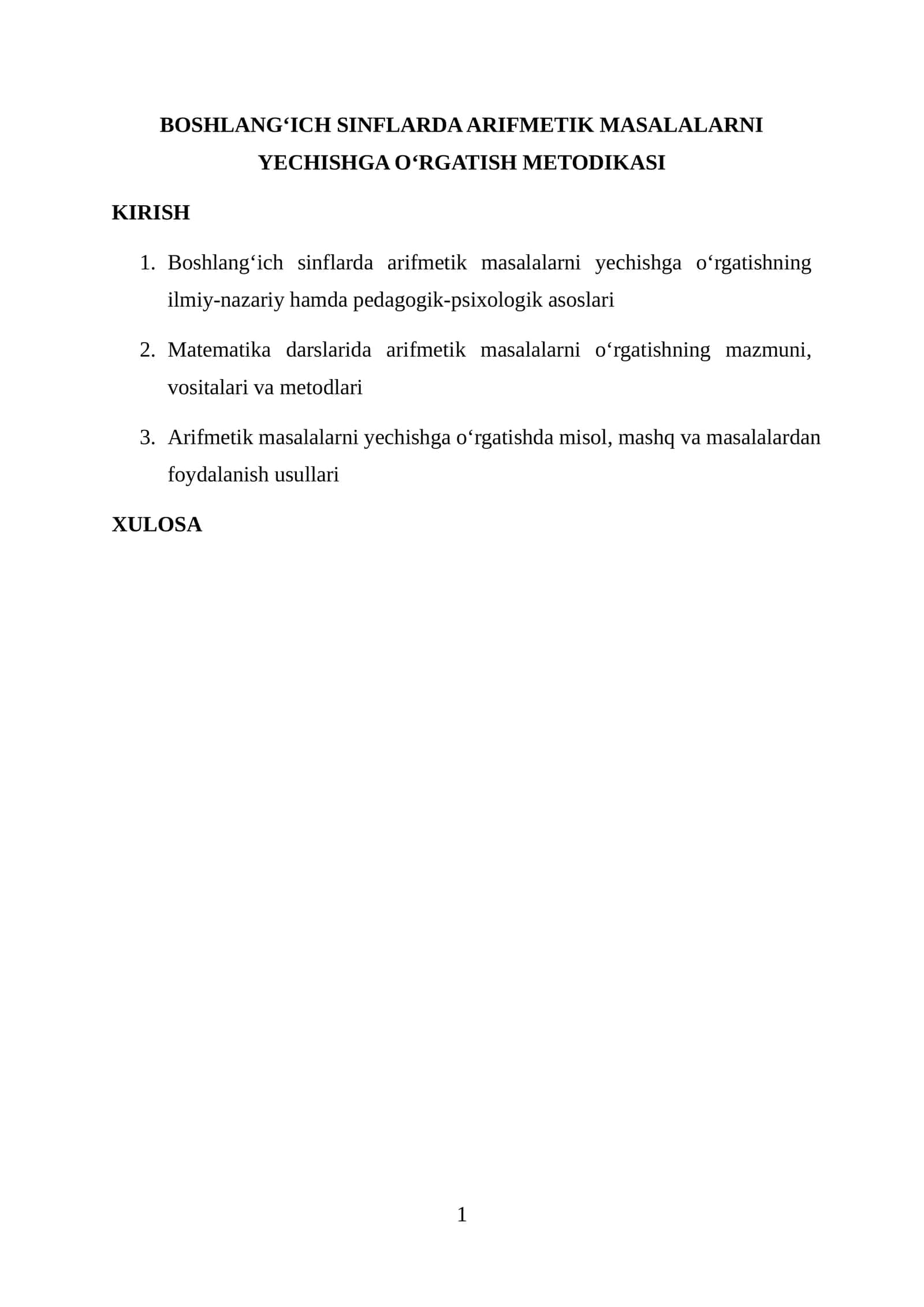 BOSHLANG‘ICH SINFLARDA ARIFMETIK MASALALARNI YECHISHGA O‘RGATISH METODIKASI 1