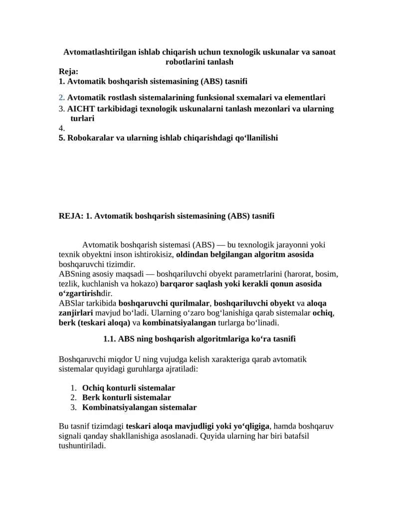 Avtomatik boshqarish sistemasining (ABS) tasnifi 1