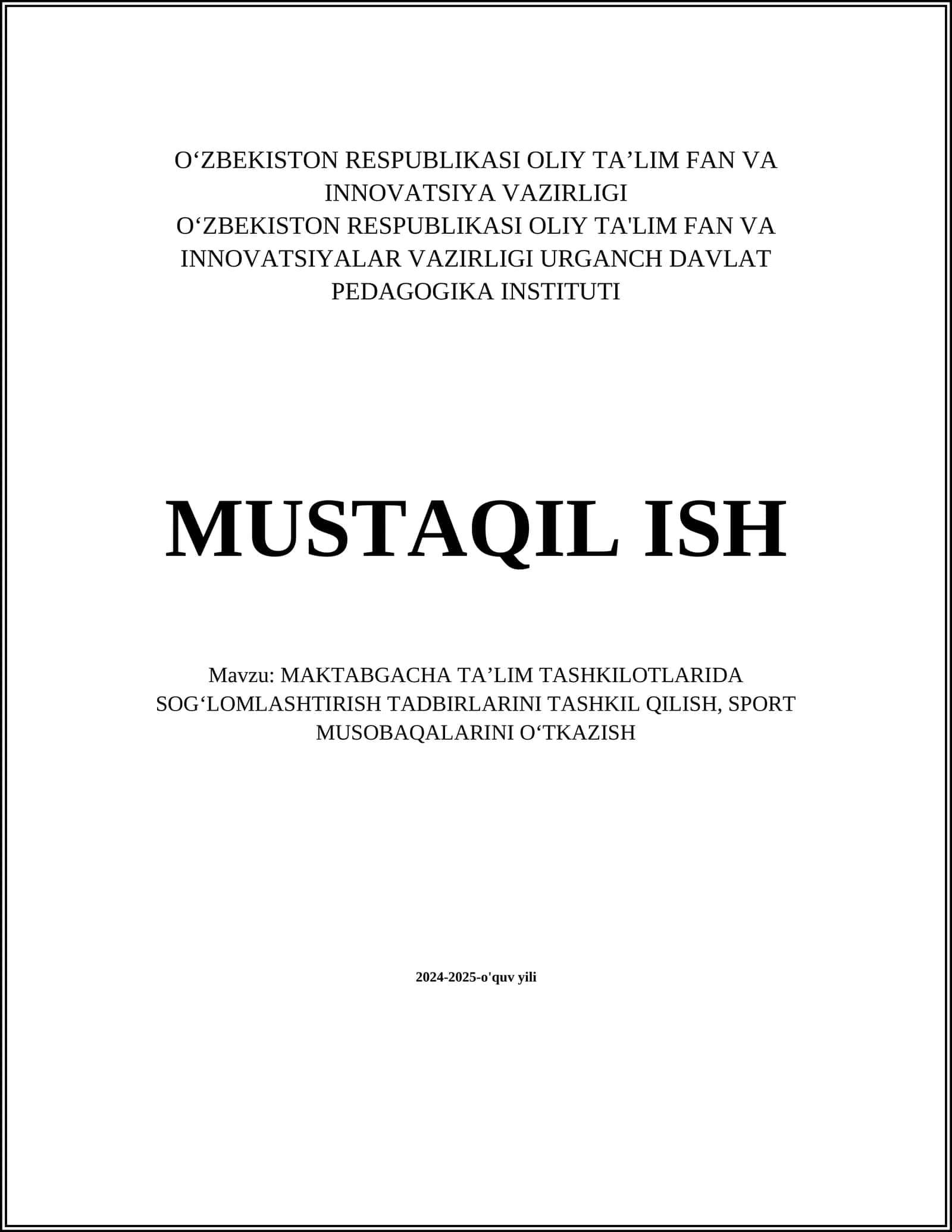MAKTABGACHA TAʼLIM TASHKILOTLARIDA SOGʻLAMASHTIRISH TADBIRLARINI TASHKIL QILISH, SPORT MUSOBAQALARINI OʻTKAZISH 1