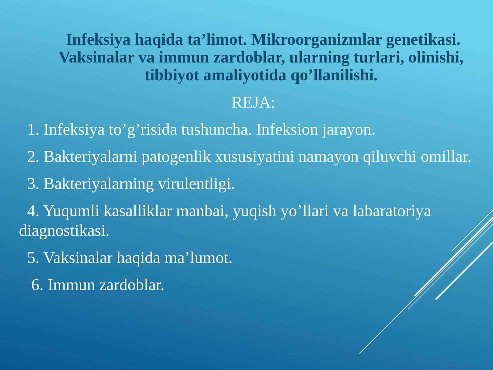 Infeksiyahaqida ta’limot. Mikroorganizmlar genetikasi. Vaksinalar va immun zardoblar,ularningturlari, olinishi, tibbiyot amaliyotidaqo’llanilishi 1