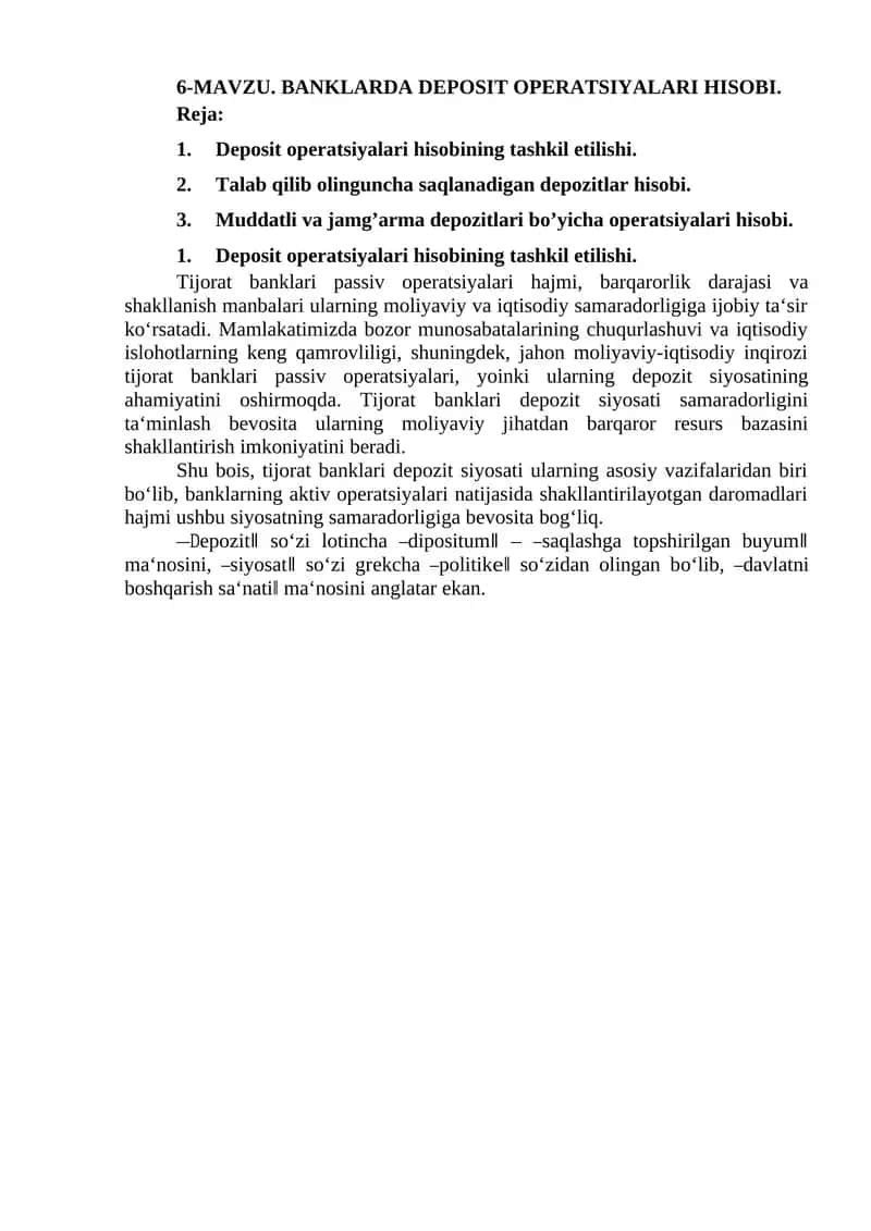 BANKLARDA DEPOSIT OPERATSIYALARI HISOBI 1