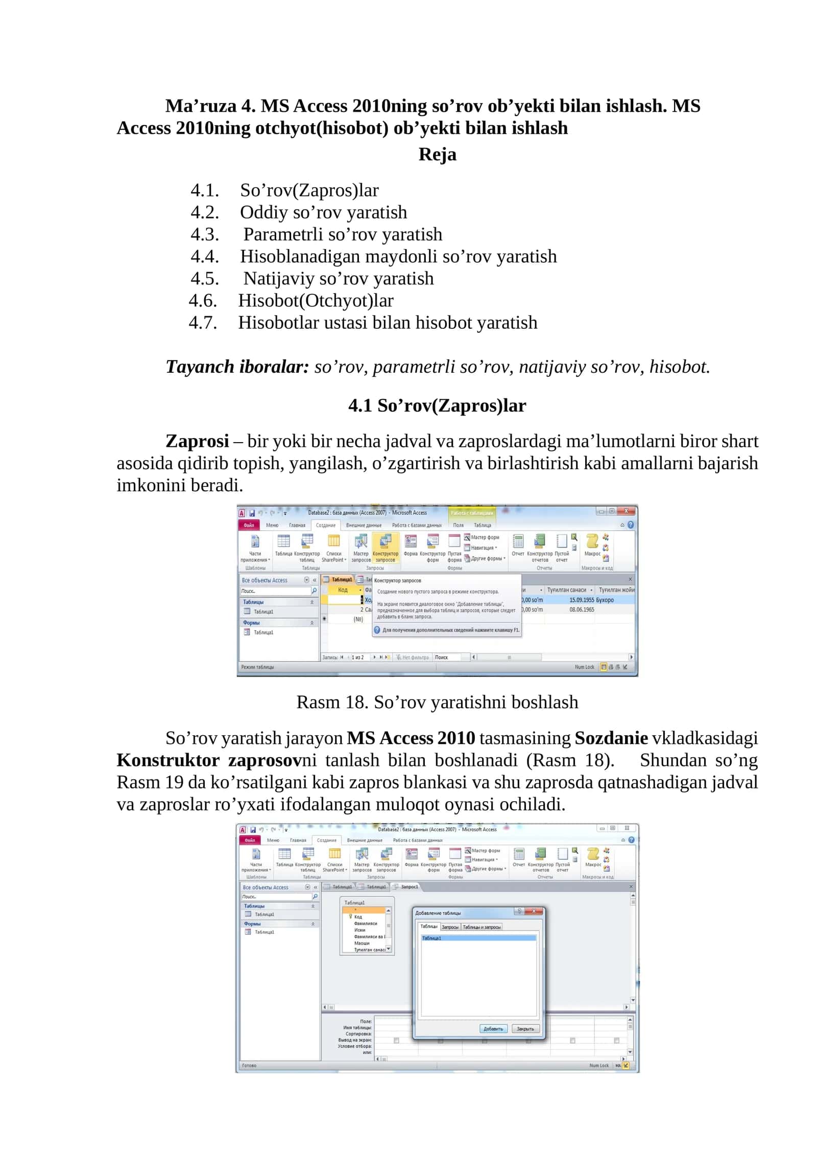 MS Access 2010ning so’rov ob’yekti 1