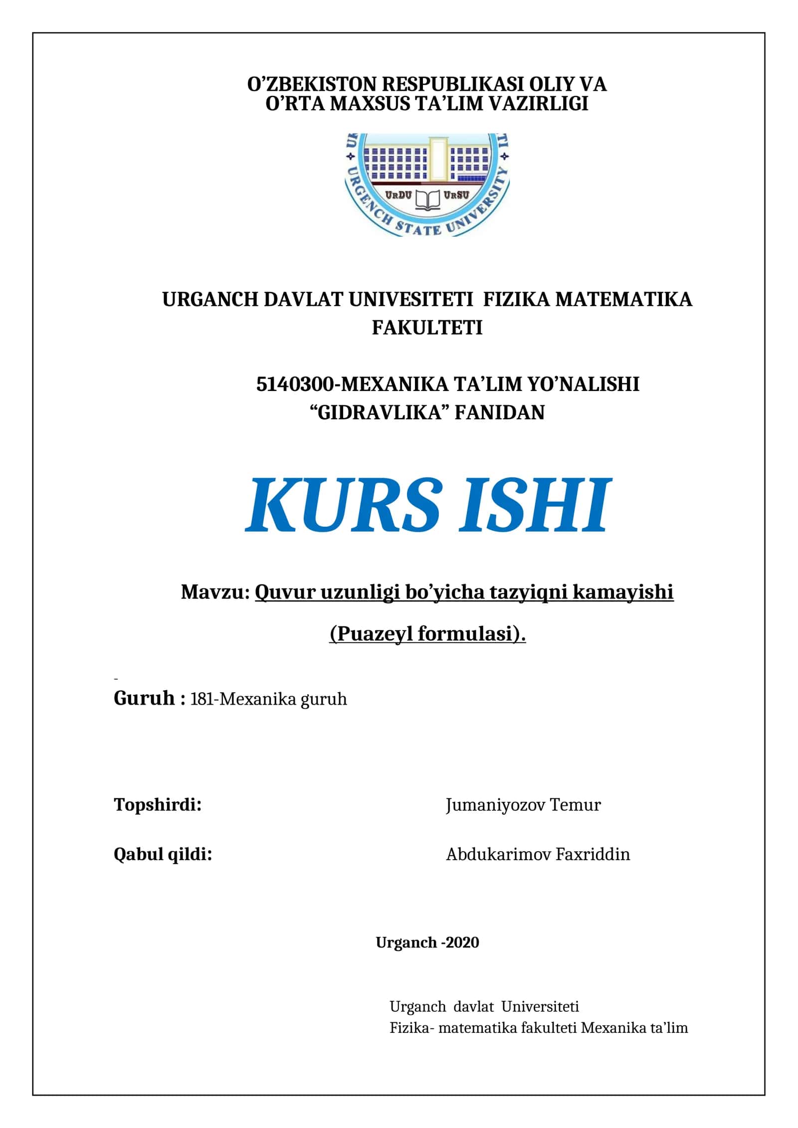 Quvur uzunligi bo’yicha tazyiqni kamaytirish (Puazeyl formulasi) 1
