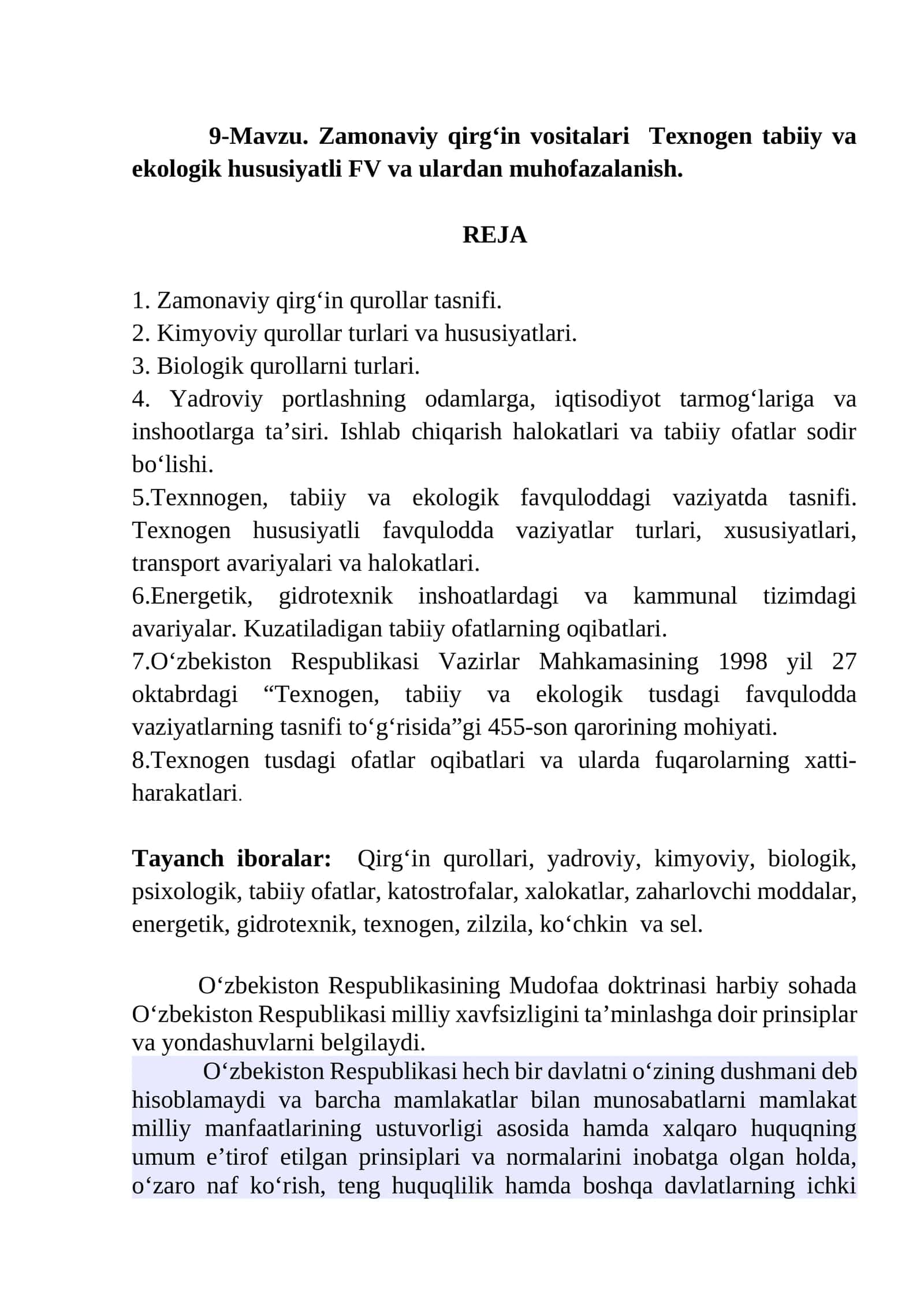 Zamonaviy qirg‘in vositalari Texnogen tabiiy va ekologik hususiyatli FV va ulardan muhofazalanish 1