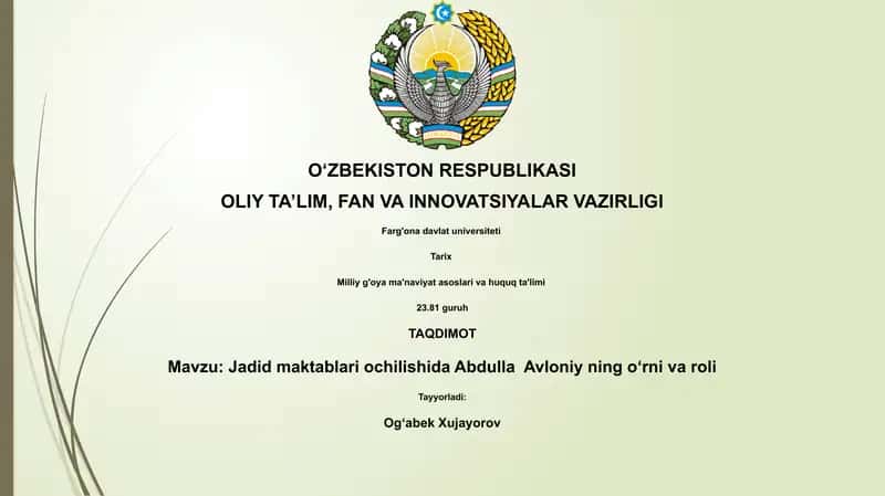 Jadid maktablari ochilishida Abdulla Avloniy ning oʻrni va roli 1