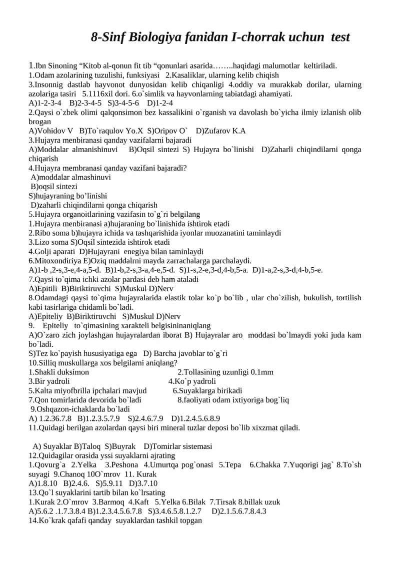 8-Sinf Biologiya fanidan I-chorrak uchun test 1