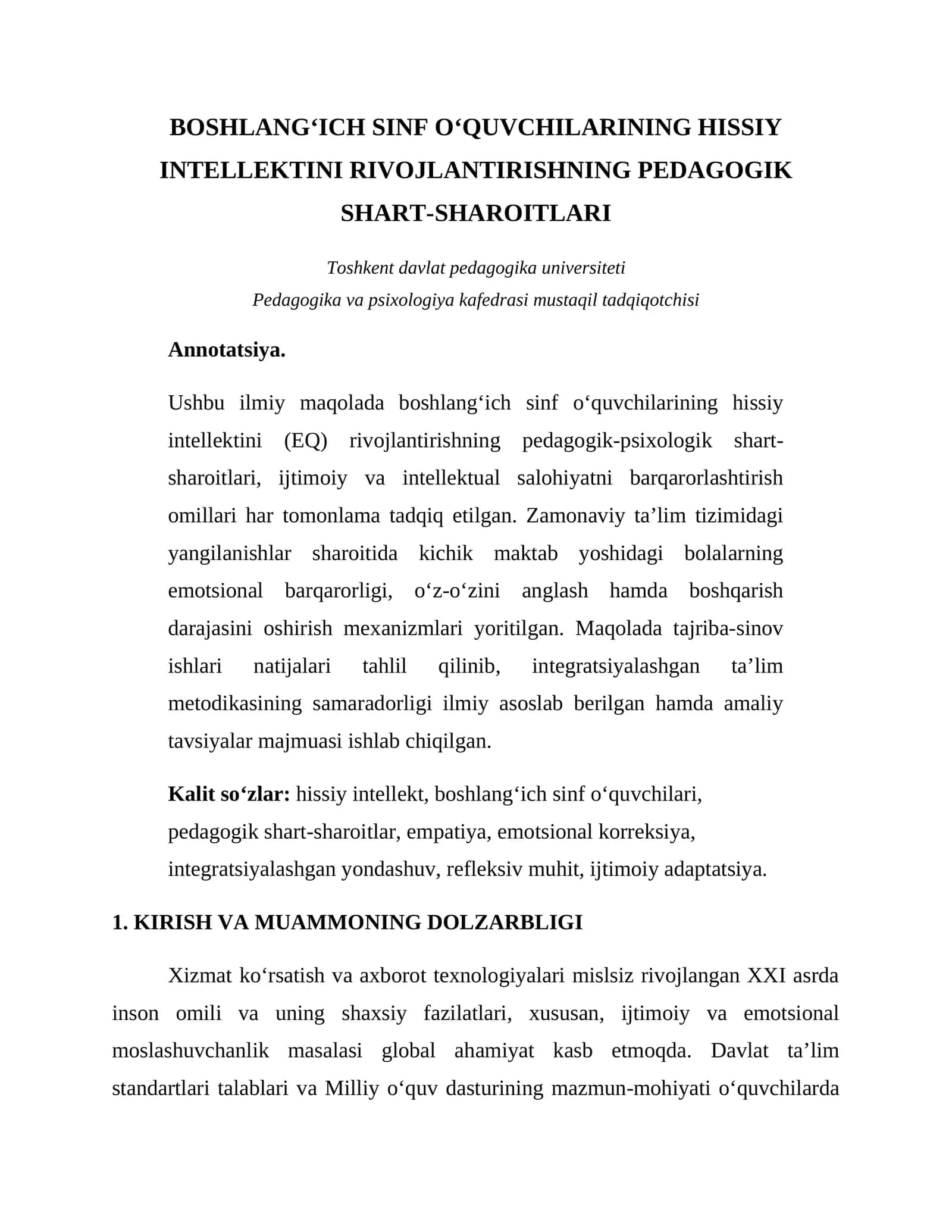 BOSHLANG‘ICH SINF O‘QUVCHILARINING HISSIY INTELLEKTINI RIVOJLANTIRISHNING PEDAGOGIK SHART-SHAROITLARI 1