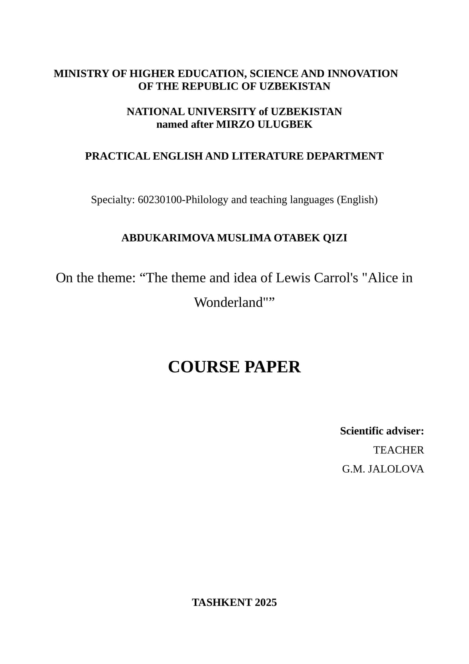 Alice in Wonderland Course Paper 1