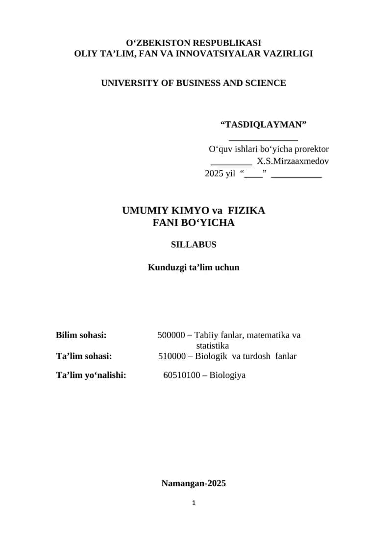 Umumiy kimyo va fizika fan sillasbusi 1