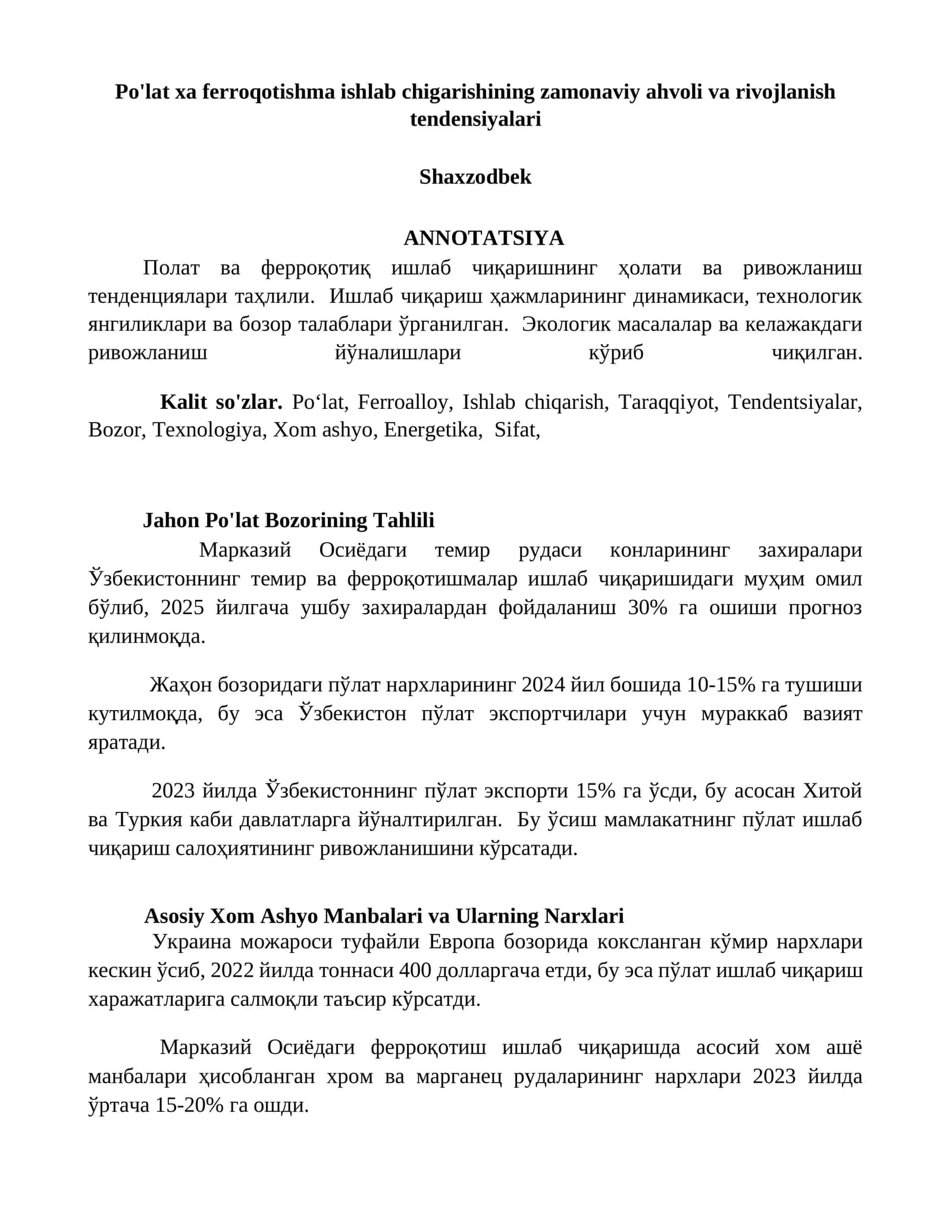 Polat va Ferroqotiқ Ishlab Chiqarishning Holati va Rivоjlaniш Tendentsiyalari 1