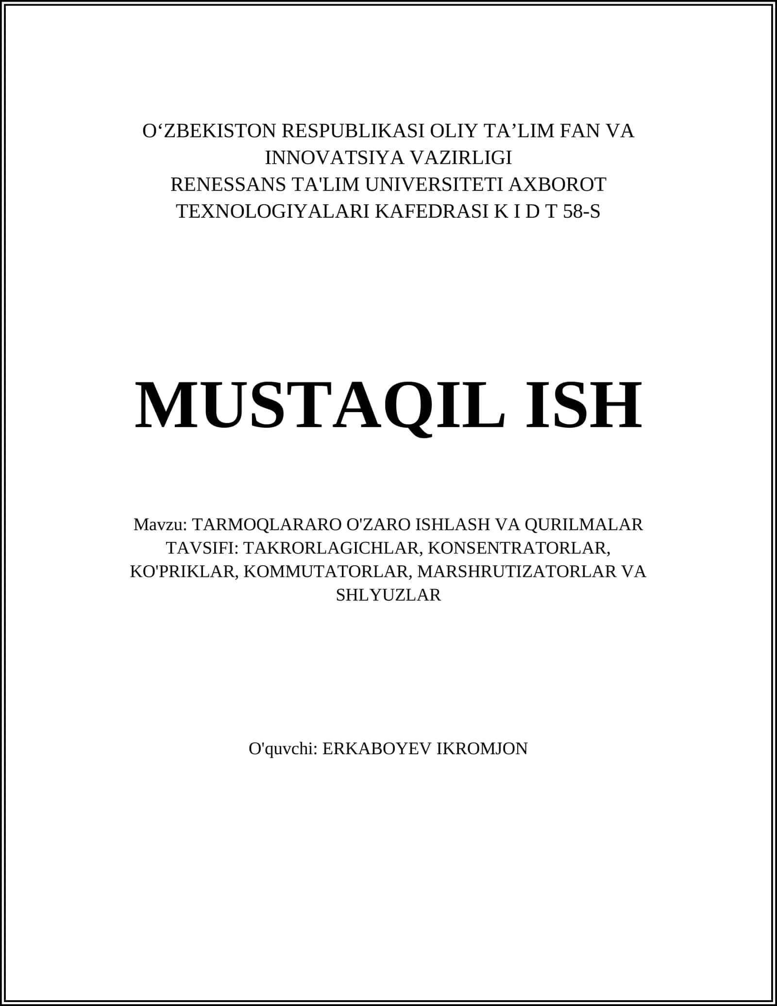 TARMOQLARARO O'ZARO ISHLASH VA QURILMALAR TAVSIFI 1