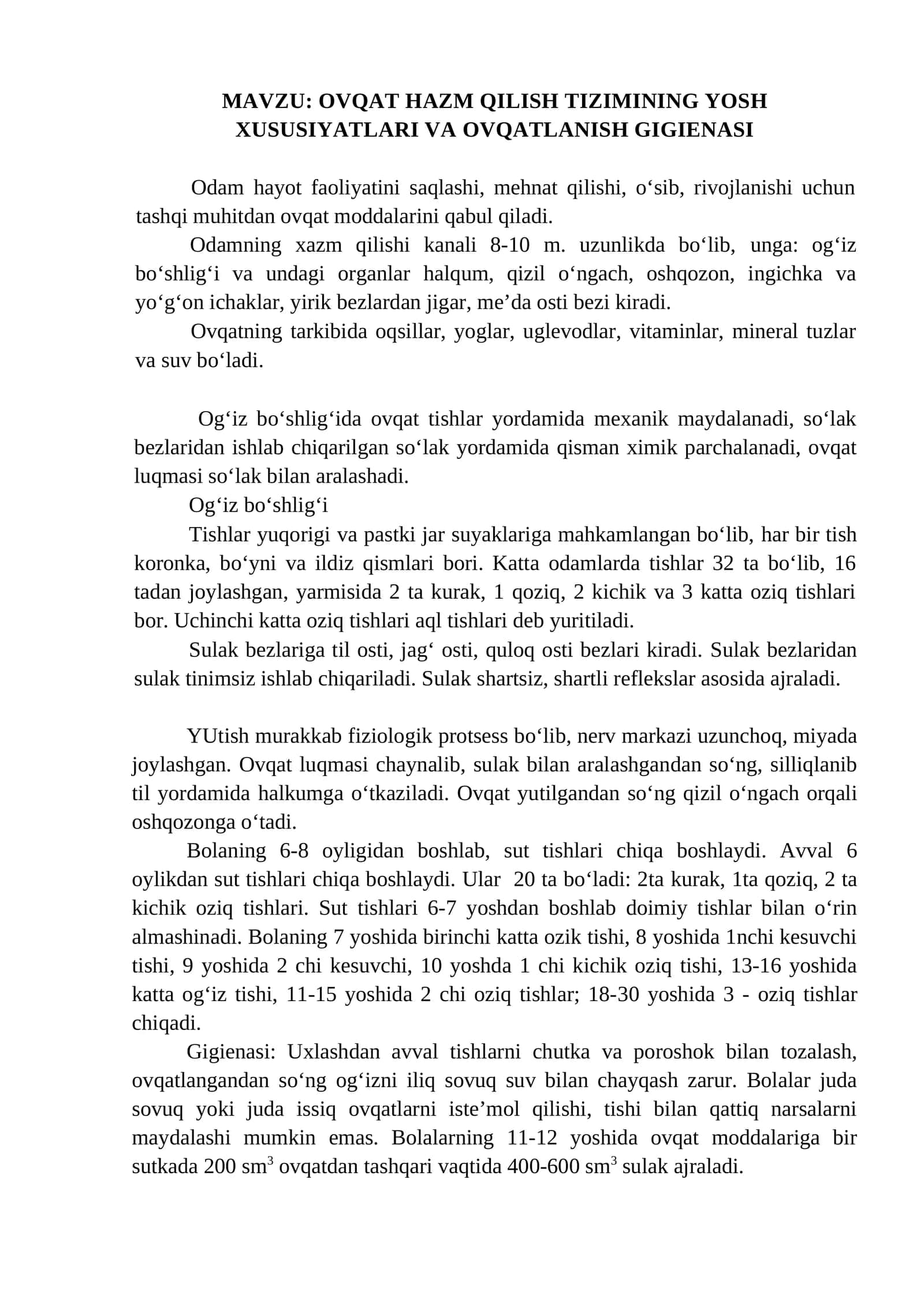 OVQAT HAZM QILISH TIZIMINING YOSH XUSUSIYATLARI VA OVQATLANISH GIGIENASI 1