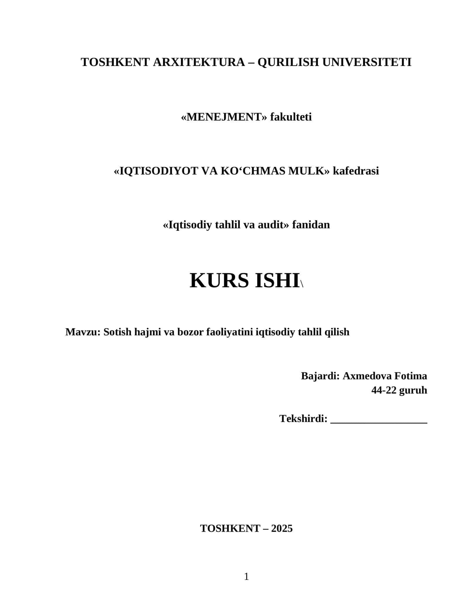 Sotish hajmi va bozor faoliyatini iqtisodiy tahlil qilish 1