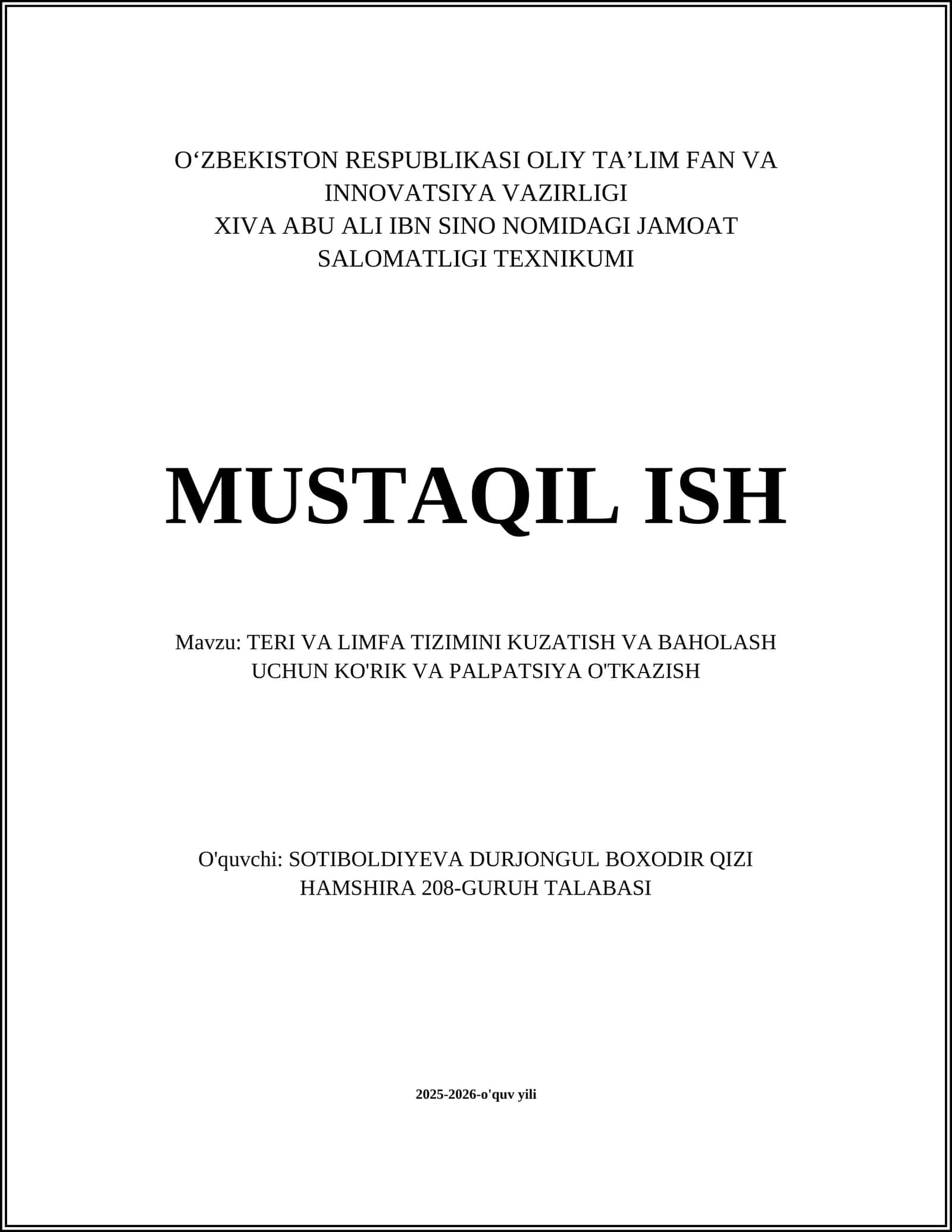 TERI VA LIMFA TIZIMINI KUZATISH VA BAHOLASH UCHUN KO'RIK VA PALPATSIYA O'TKAZISH 1