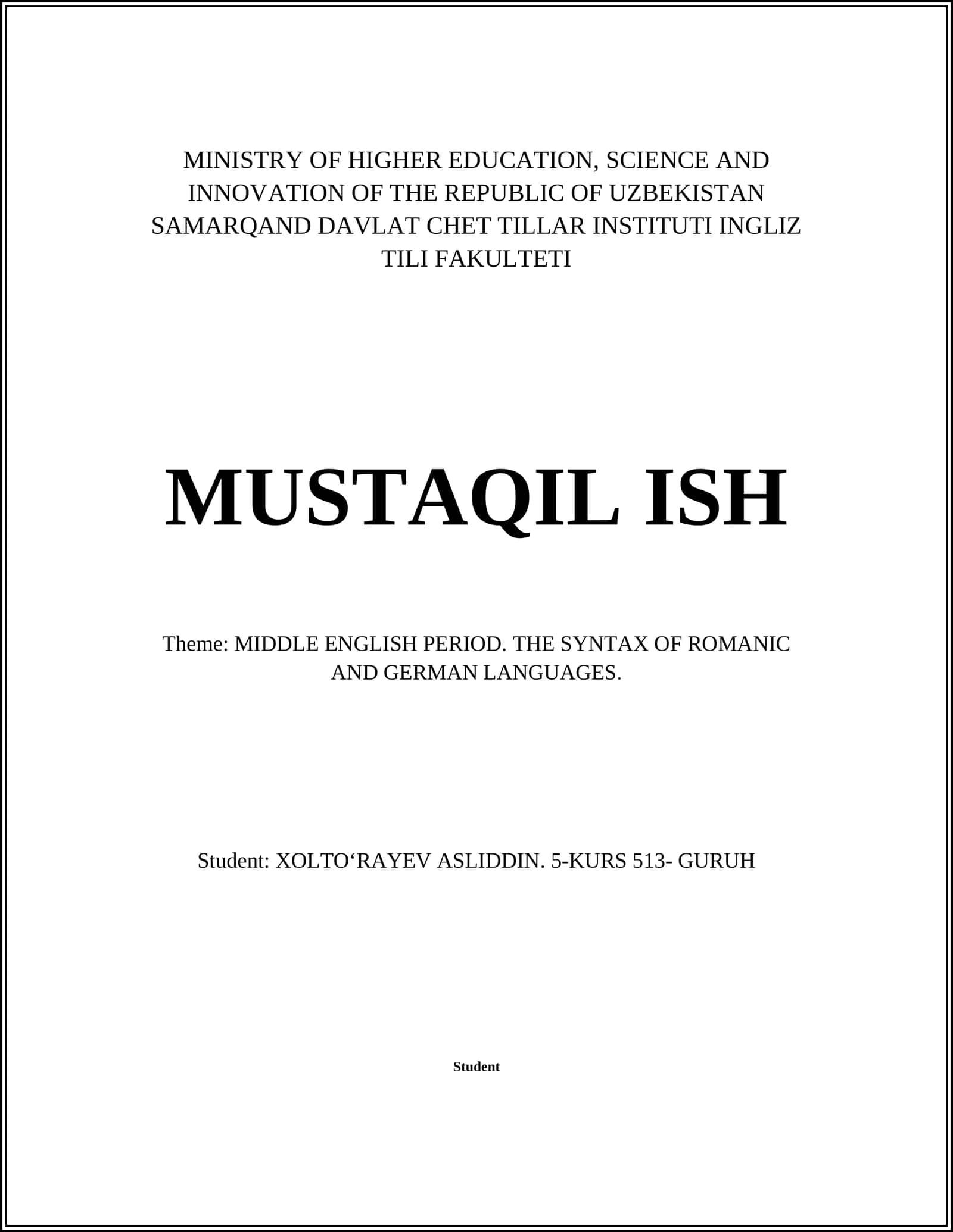 MIDDLE ENGLISH PERIOD. THE SYNTAX OF ROMANIC AND GERMAN LANGUAGES 1