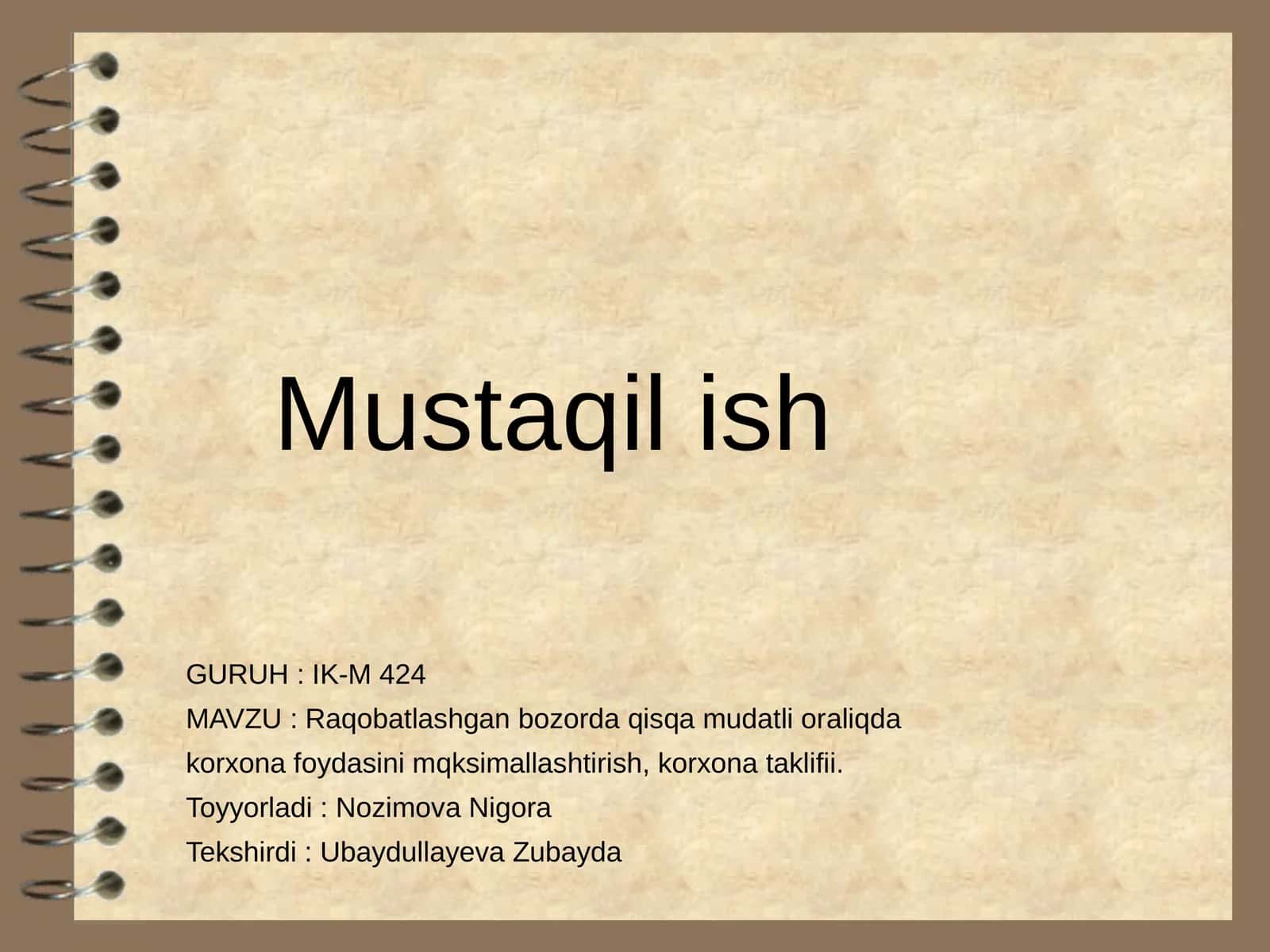 Raqobatlashgan bozorda qisqa mudatli oraliqda korxona foydasini mqksimallashtirish, korxona taklifi 1
