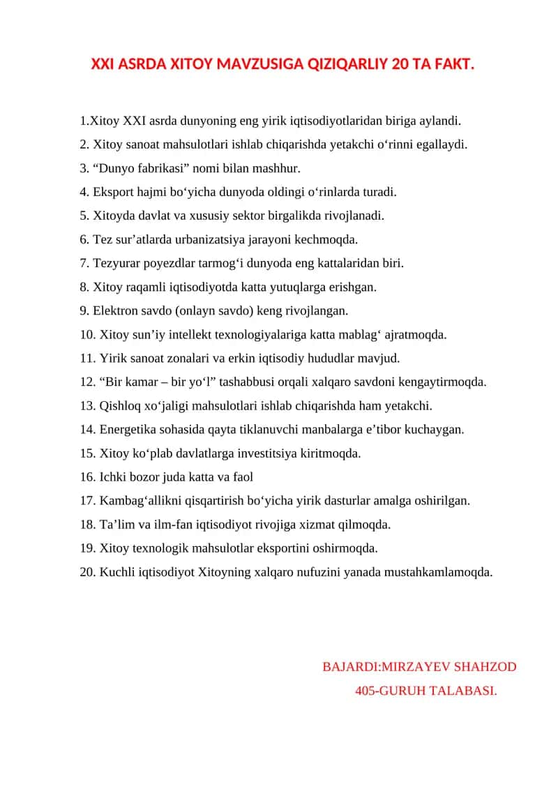 XXI asrda Xitoy mavzusiga qiziqarliy 20 ta fakt 1