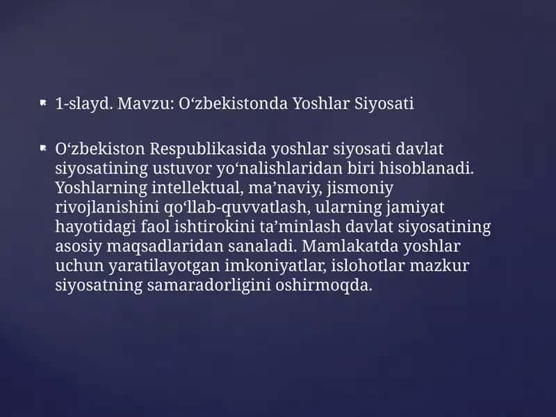 Oʻzbekistonda Yoshlar Siyosati 1