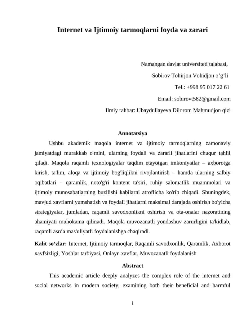 Internet va Ijtimoiy tarmoqlarni foyda va zarari 1