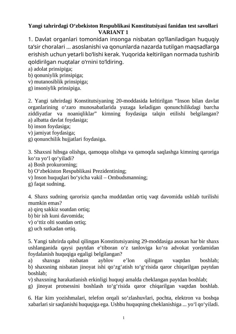 Yangi tahrirdagi O‘zbekiston Respublikasi Konstitutsiyasi fanidan test savollari 1