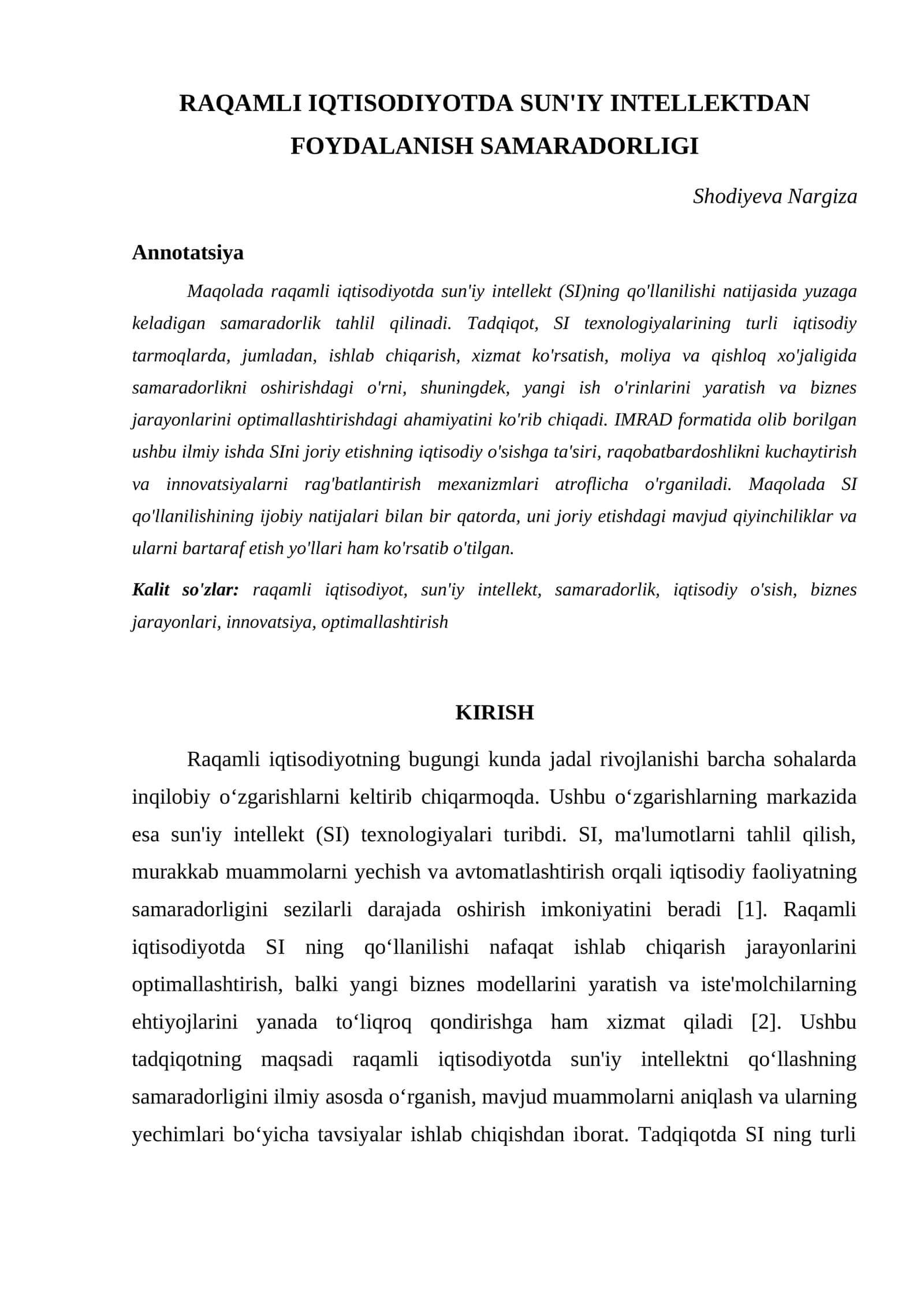 RAQAMLI IQTISODIYOTDA SUN'IY INTELLEKTDAN FOYDALANISH SAMARADORLIGI 1