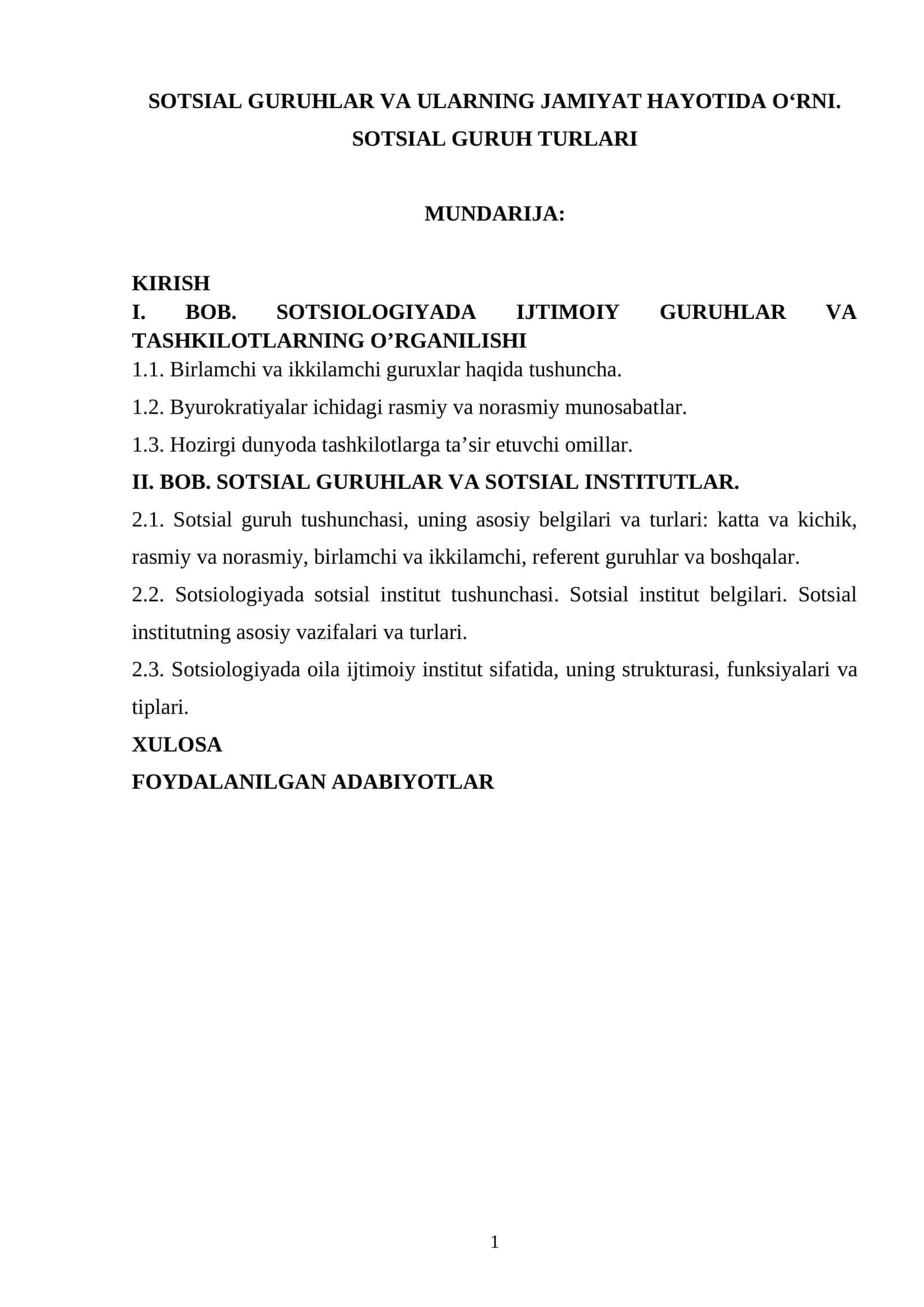 Sotsial guruhlar va ularning jamiyat hayotida o‘rni. Sotsial guruh turlari 1