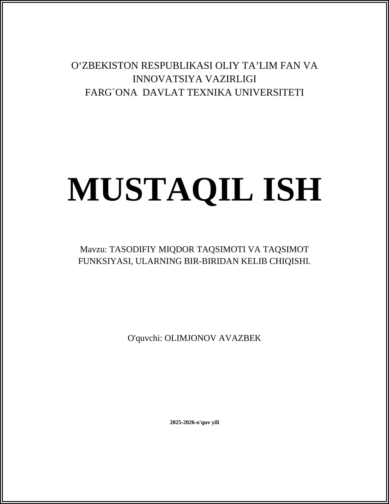 TASODIFIY MIQDOR TAQSIMOTI VA TAQSIMOT FUNKSIYASI, ULARNING BIR-BIRIDAN KELIB CHIQISHI 1