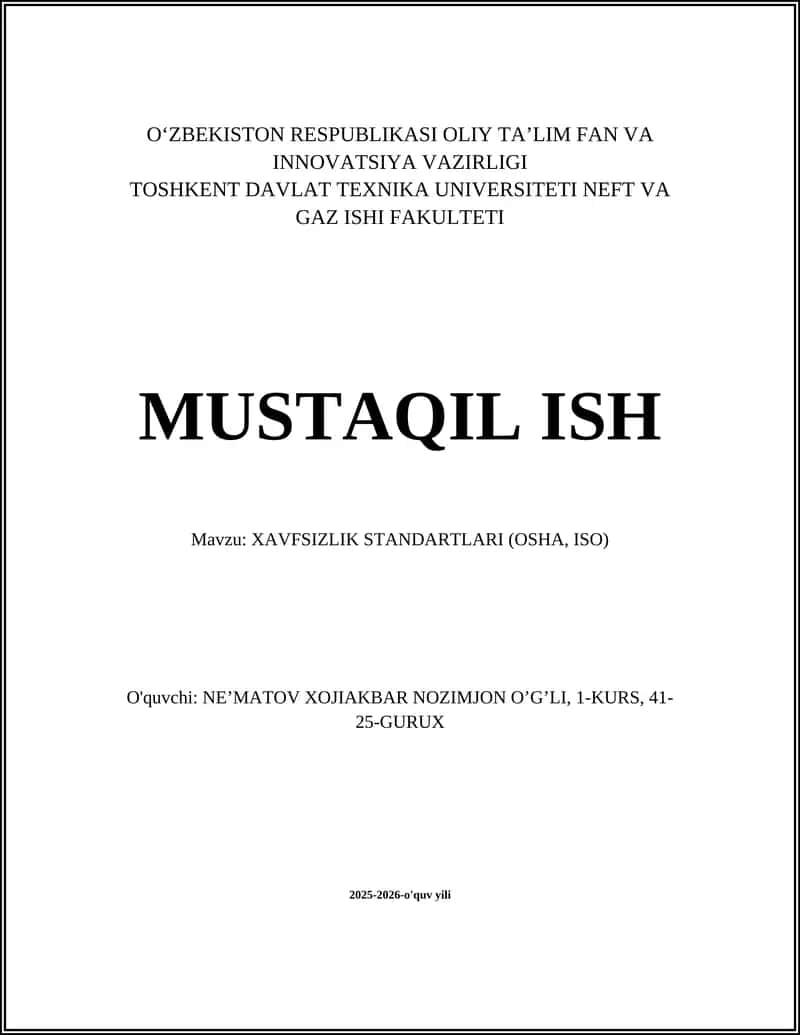 XAVFSIZLIK STANDARTLARI (OSHA, ISO) 1