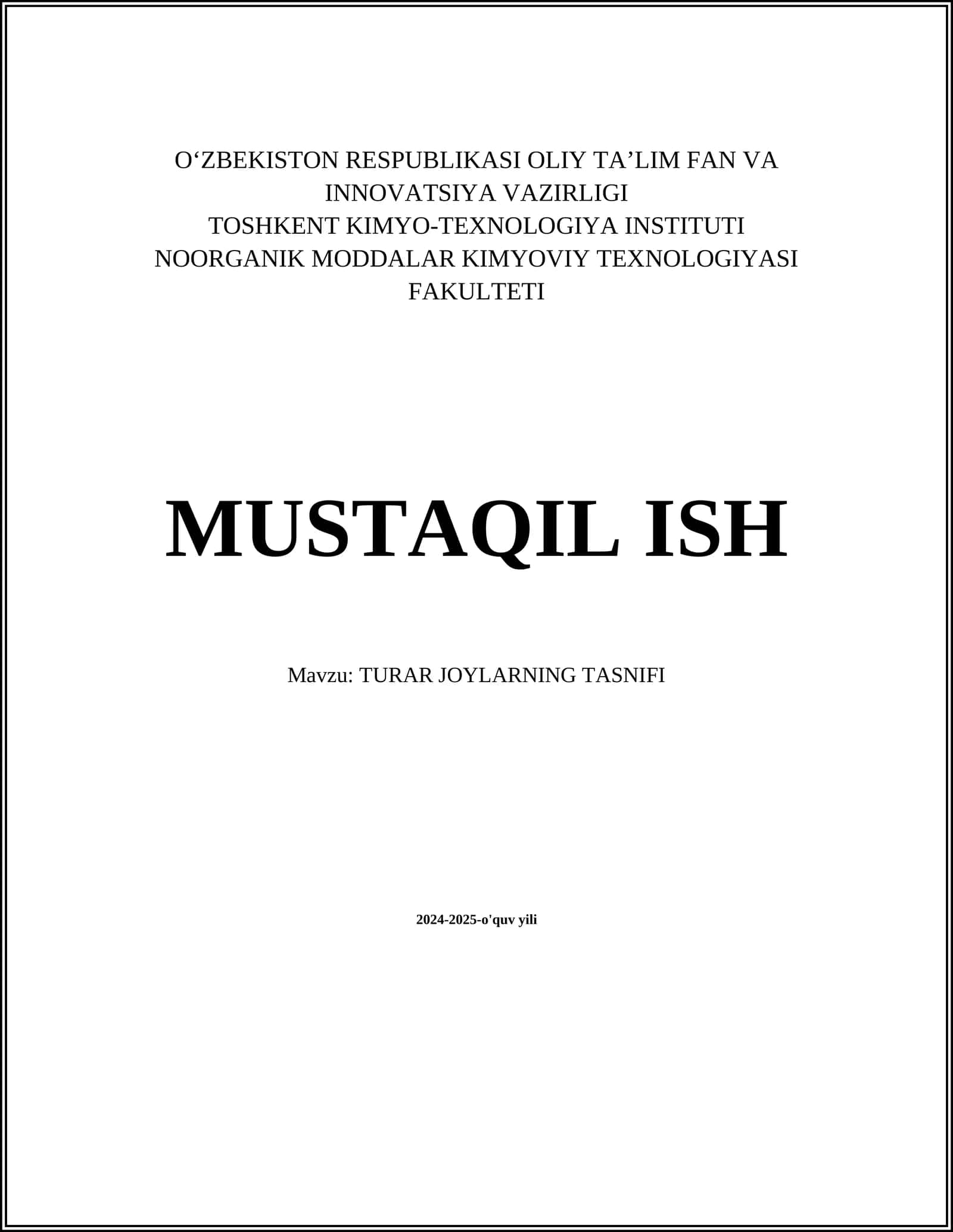 TURAR JOYLARNING TASNIFI 1