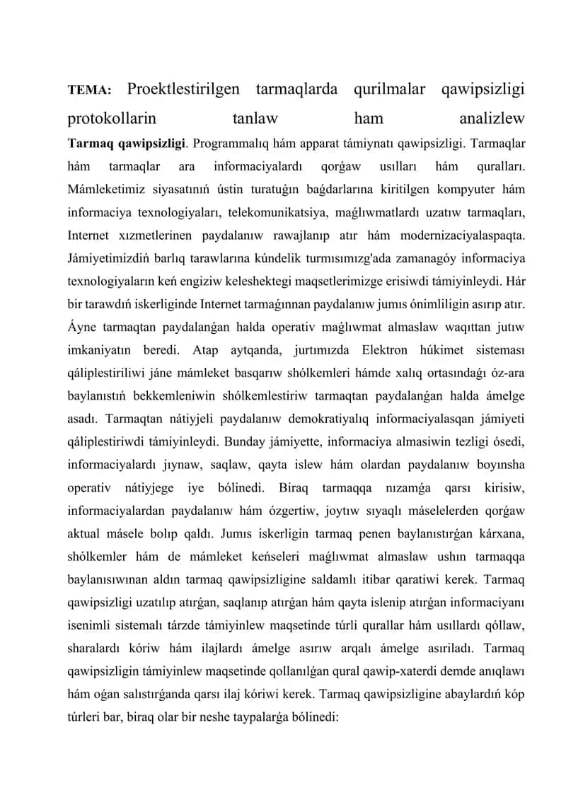 Proektlestirilgen tarmaqlarda qurilmalar qawipsizligi protokollarin tanlaw ham analizlew 1