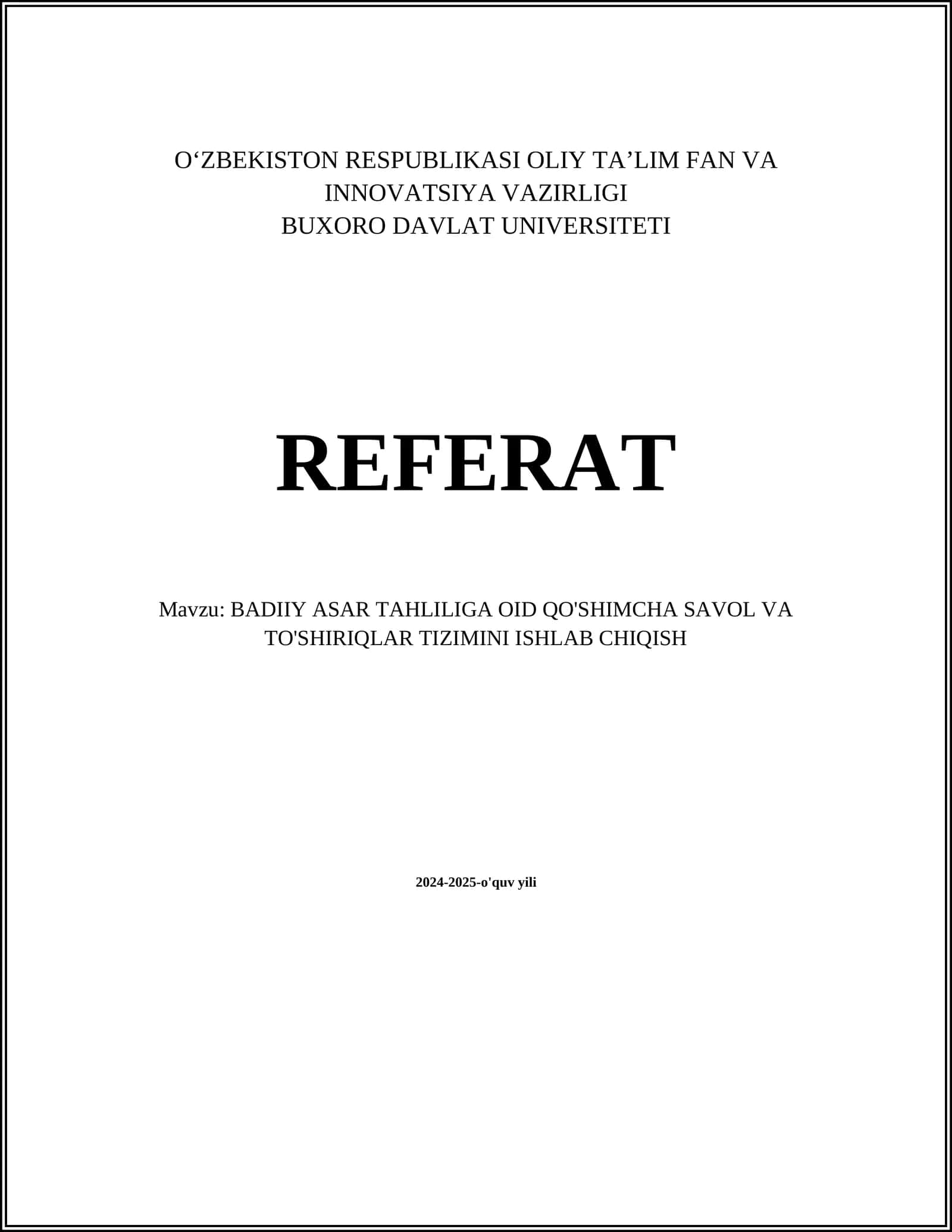 BADIIY ASAR TAHLILIGA OID QO'SHIMCHA SAVOL VA TO'SHIRIQLAR TIZIMINI ISHLAB CHIQISH 1