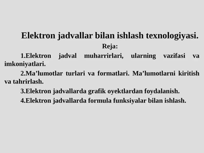 Elektron jadvallar bilan ishlash texnologiyasi 1