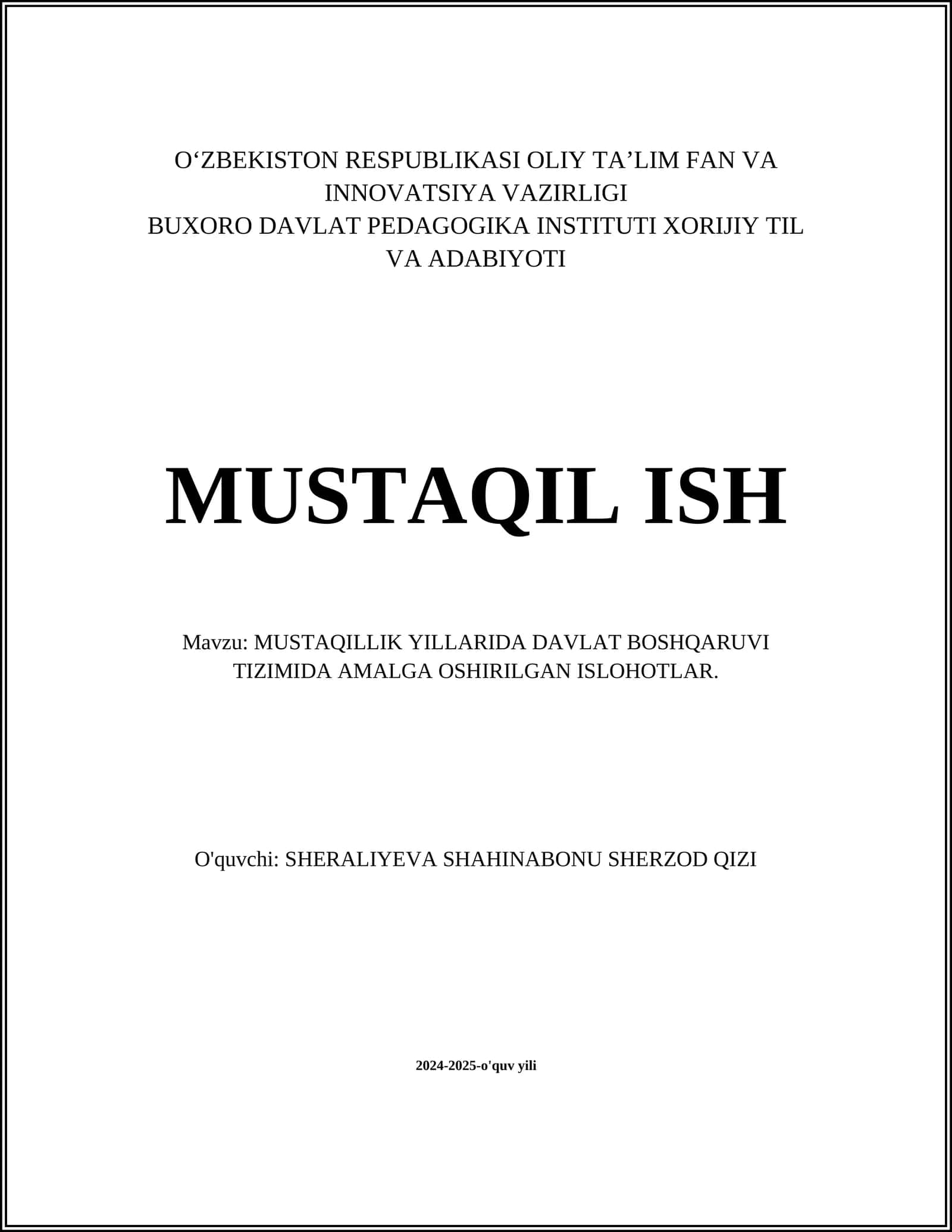 MUSTAQILLIK YILLARIDA DAVLAT BOSHQARUVI TIZIMIDA AMALGA OSHIRILGAN ISLOHOTLAR 1