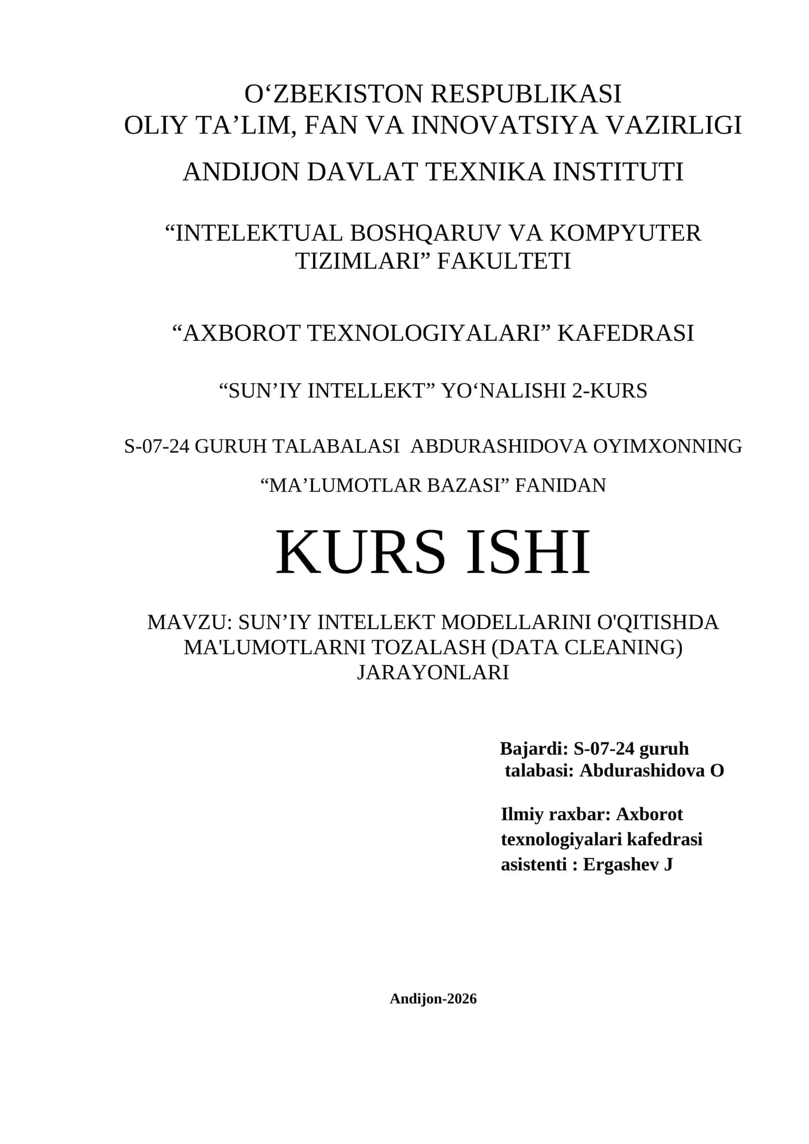 SUN’IY INTELLEKT MODELLARINI O'QITISHDA MA'LUMOTLARNI TOZALASH (DATA CLEANING) JARAYONLARI 1