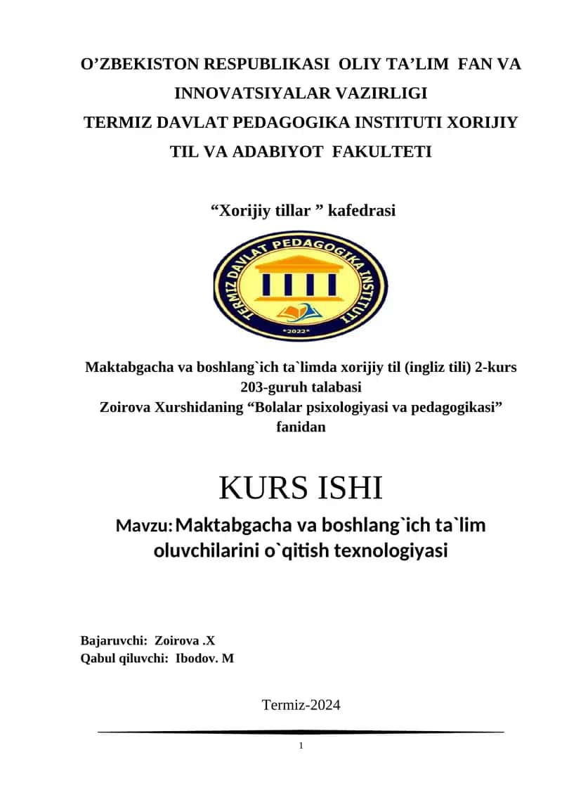 Maktabgacha va boshlang`ich ta`lim oluvchilarini o`qitish texnologiyasi 1
