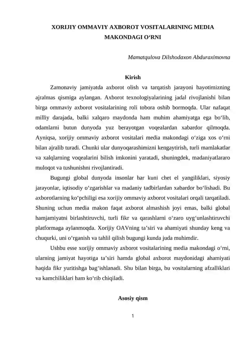 XORIJIY OMMAVIY AXBOROT VOSITALARINING MEDIA MAKONDAGI O‘RNI