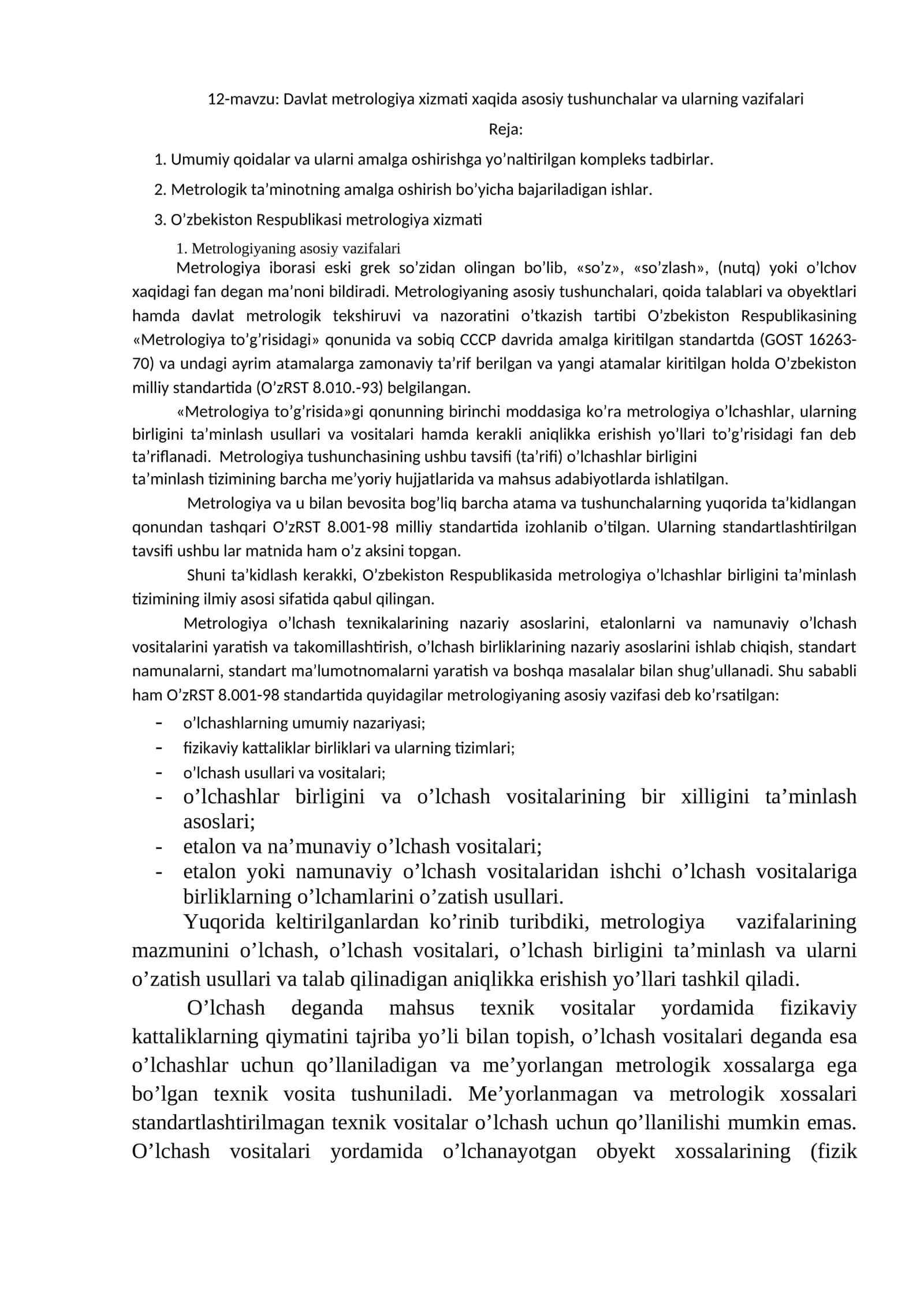 12-mavzu: Davlat metrologiya xizmati xaqida asosiy tushunchalar va ularning vazifalari 1